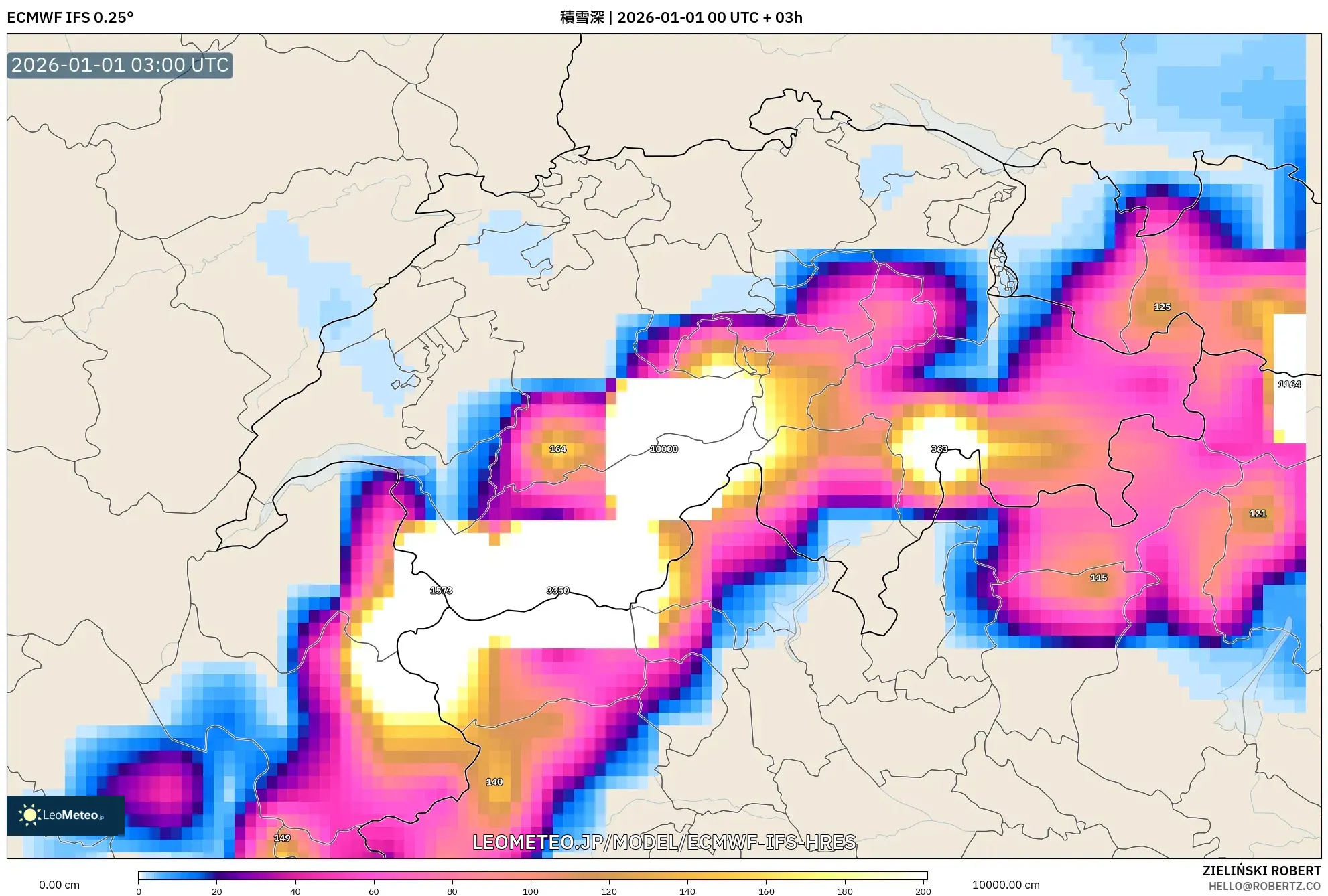 ECMWF IFS 0.25° model - スイス, 積雪深