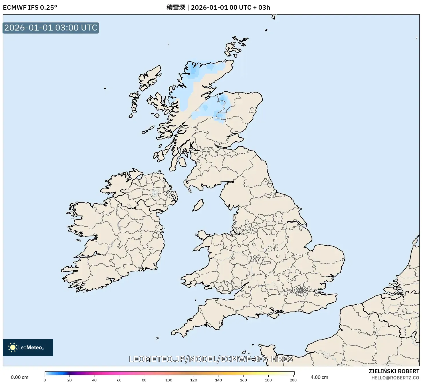 ECMWF IFS 0.25° model - イギリス, 積雪深