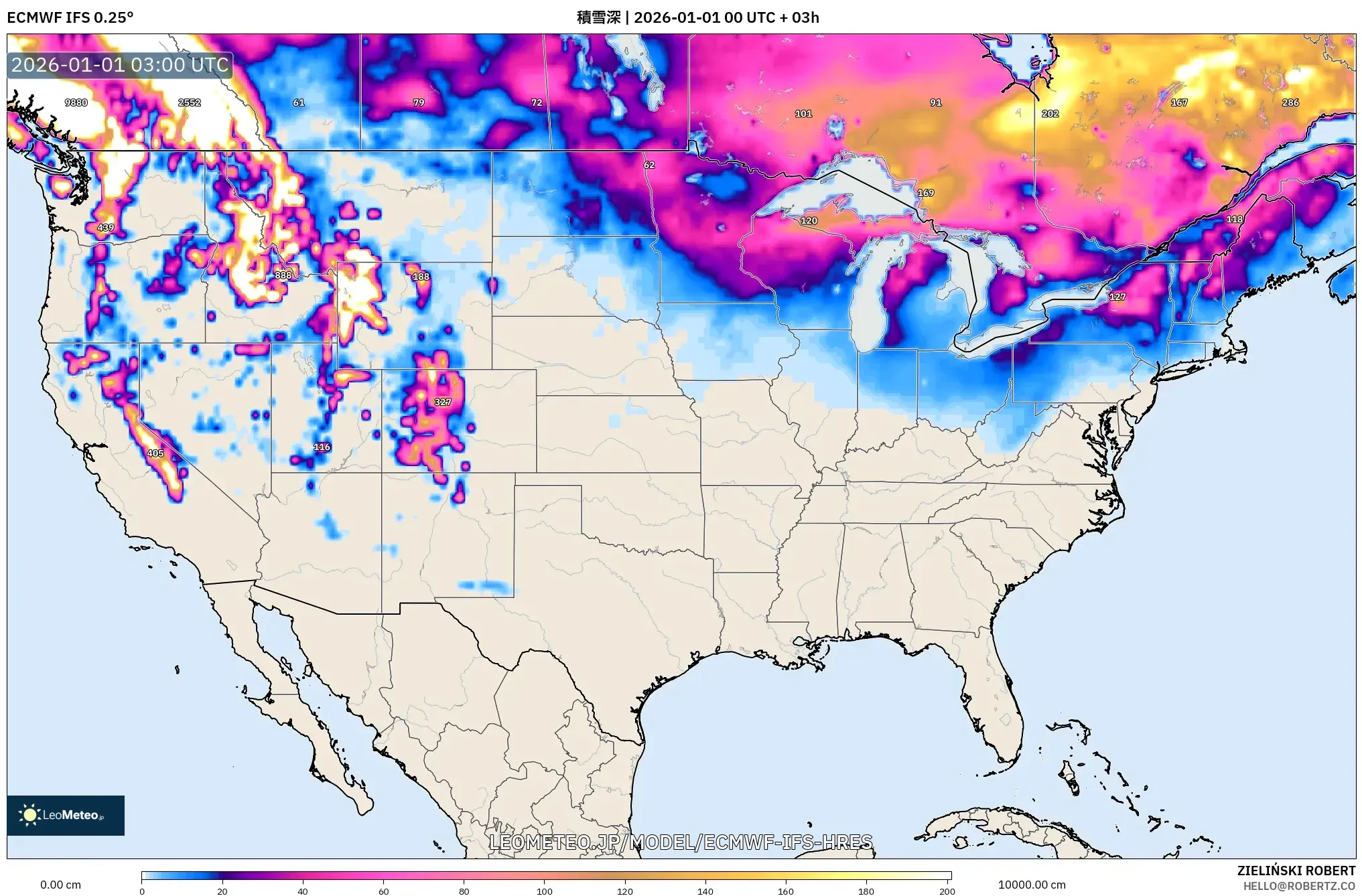 ECMWF IFS 0.25° model - アメリカ合衆国, 積雪深