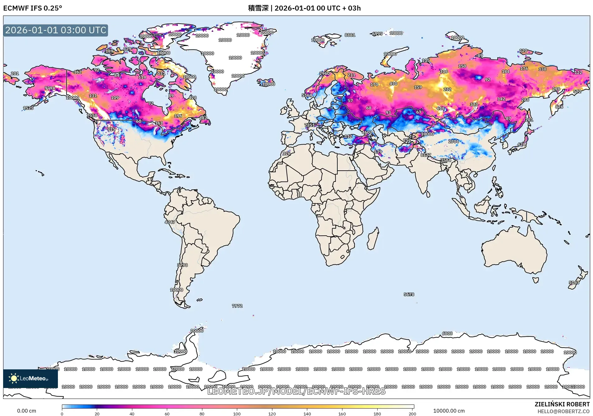ECMWF IFS 0.25° model - 世界, 積雪深
