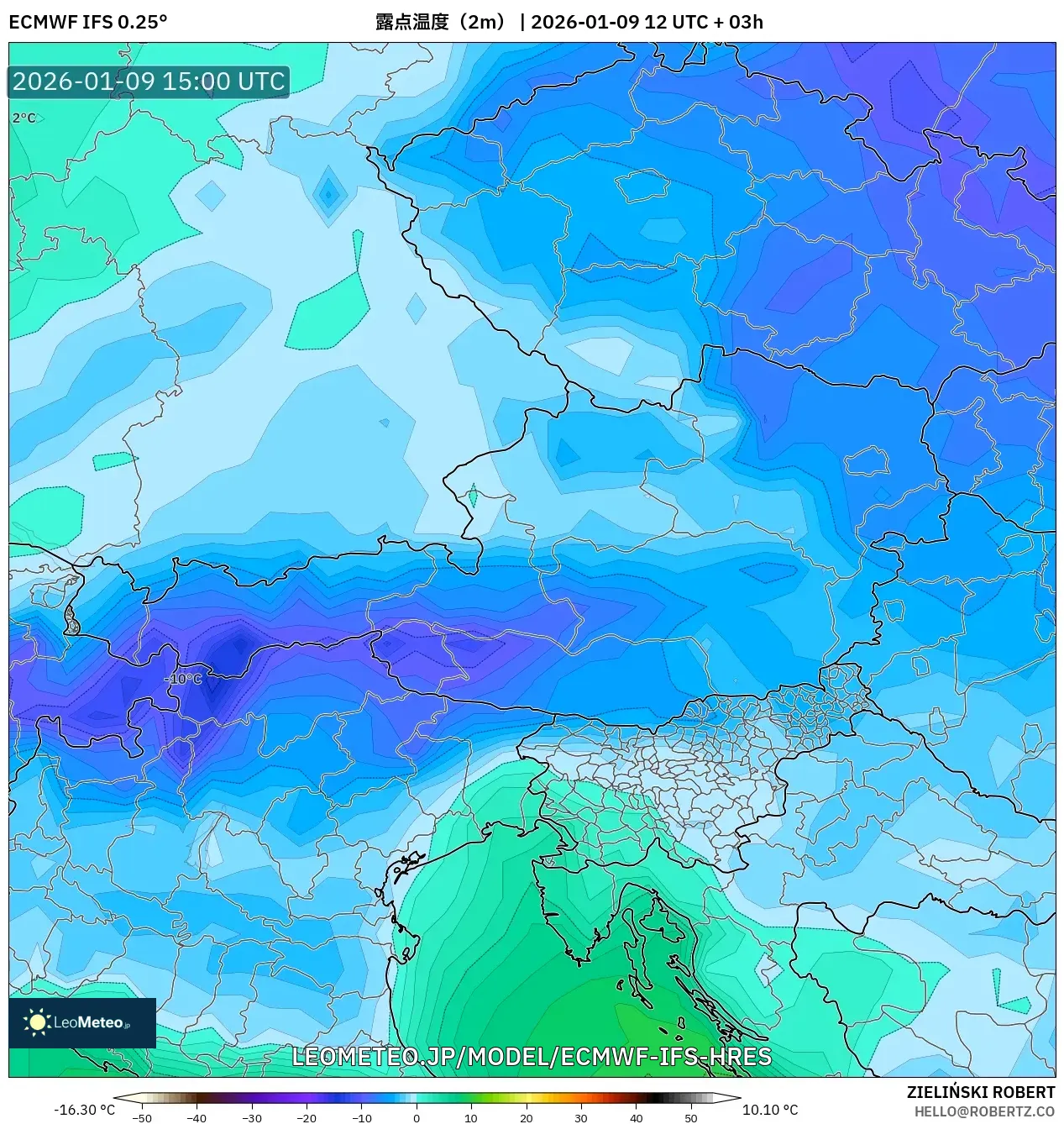 ECMWF IFS 0.25° model - オーストリア, 露点温度（2m）