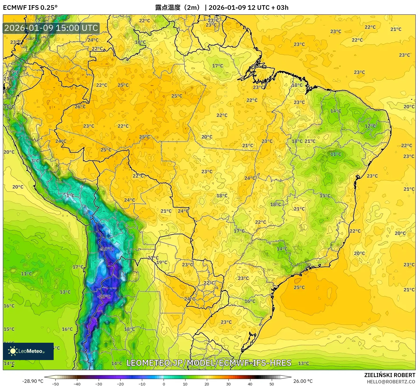 ECMWF IFS 0.25° model - ブラジル, 露点温度（2m）