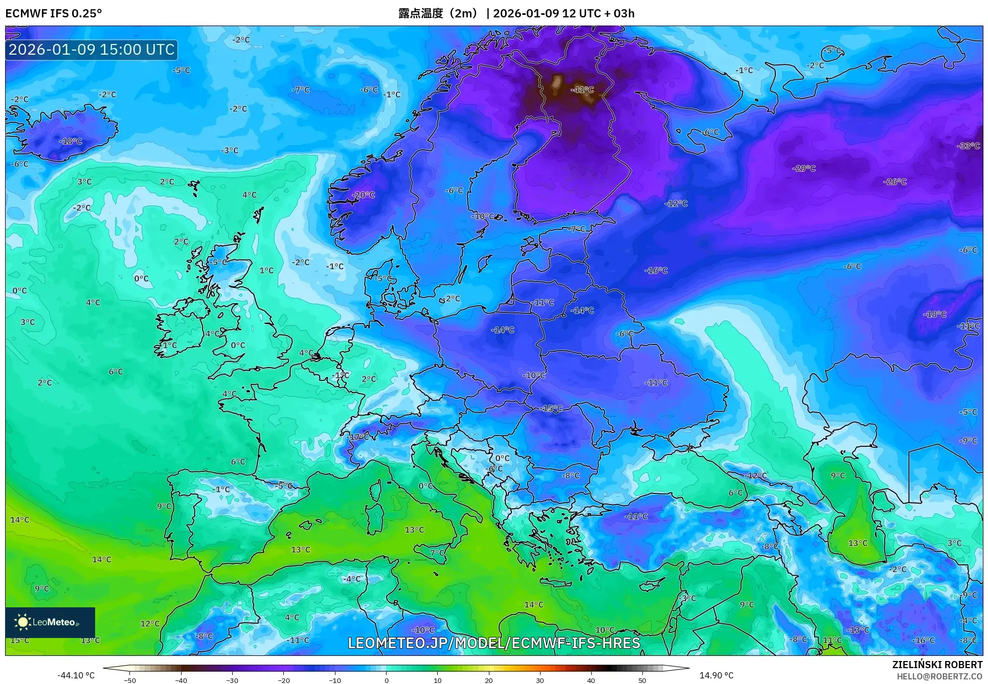 ECMWF IFS 0.25° model - ヨーロッパ, 露点温度（2m）