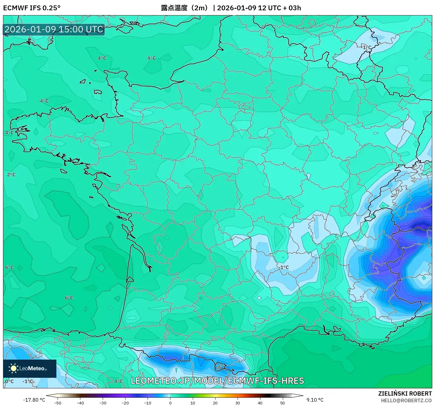 ECMWF IFS 0.25° model - フランス, 露点温度（2m）