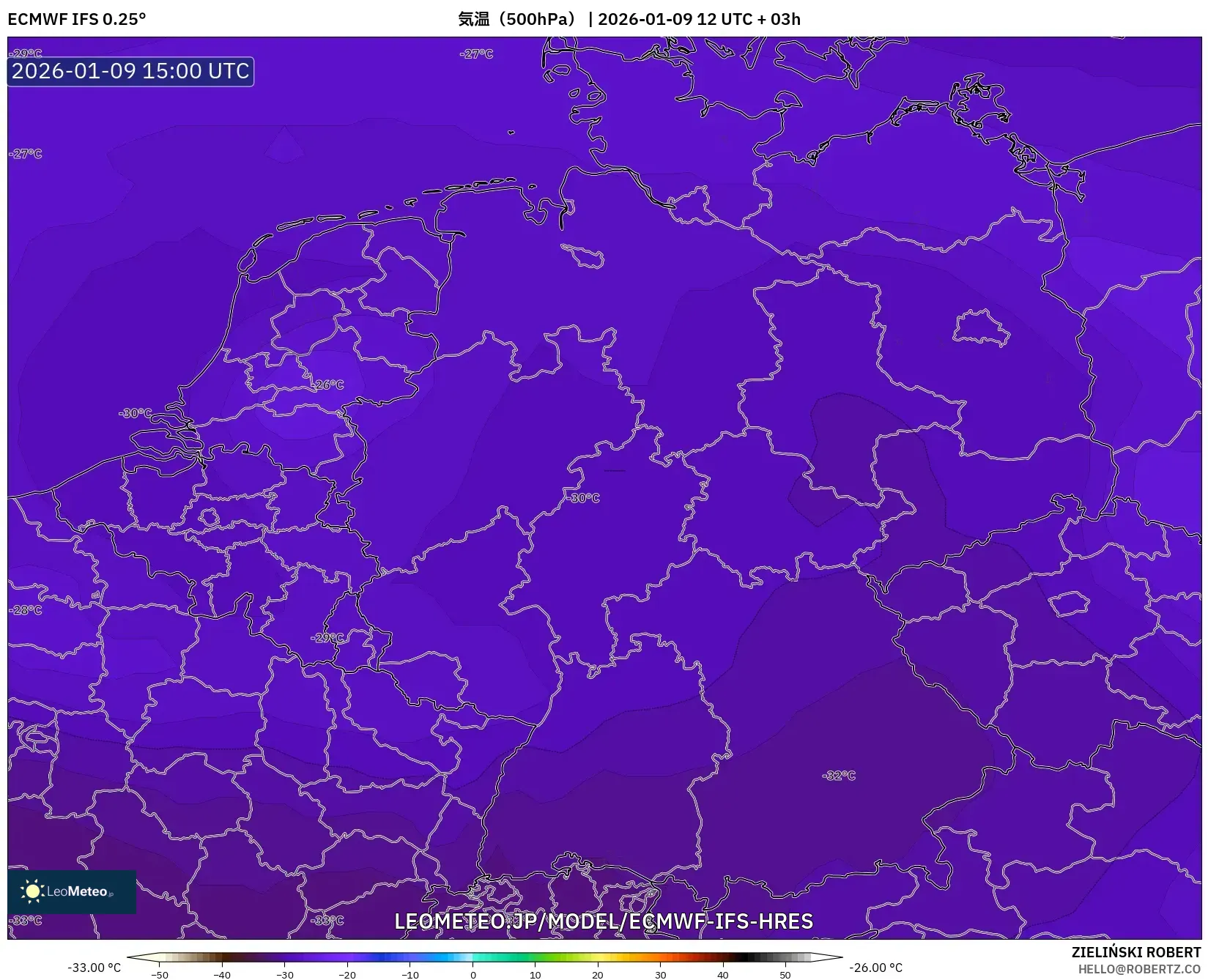 ECMWF IFS 0.25° model - ドイツ, 気温（500hPa）