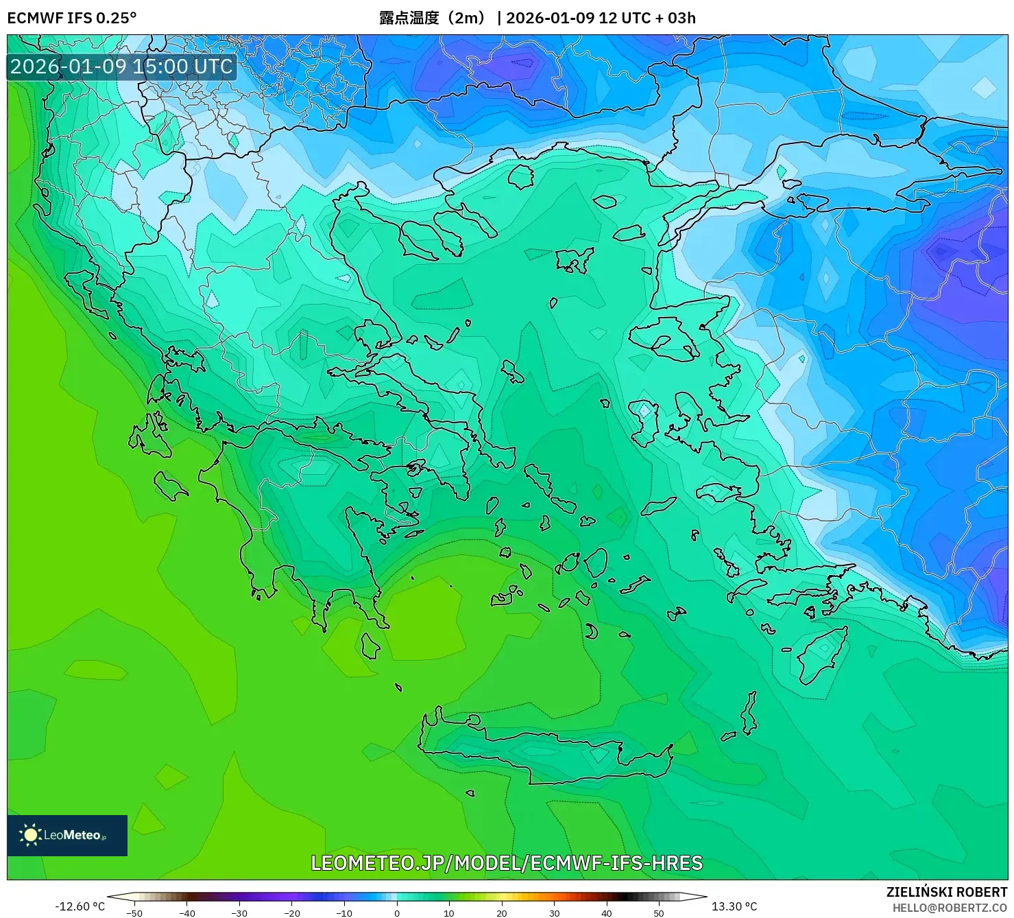 ECMWF IFS 0.25° model - ギリシャ, 露点温度（2m）