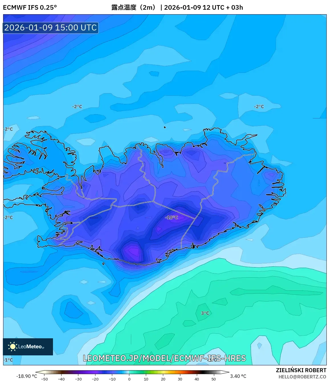 ECMWF IFS 0.25° model - アイスランド, 露点温度（2m）
