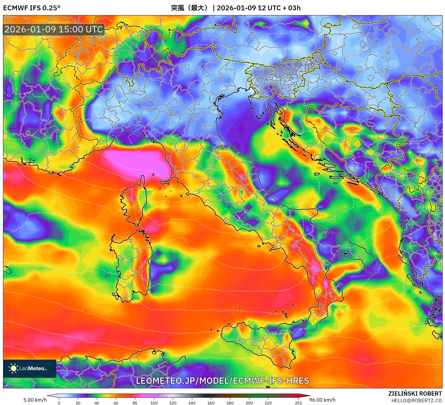 ECMWF IFS 0.25° model - イタリア, 突風（最大）