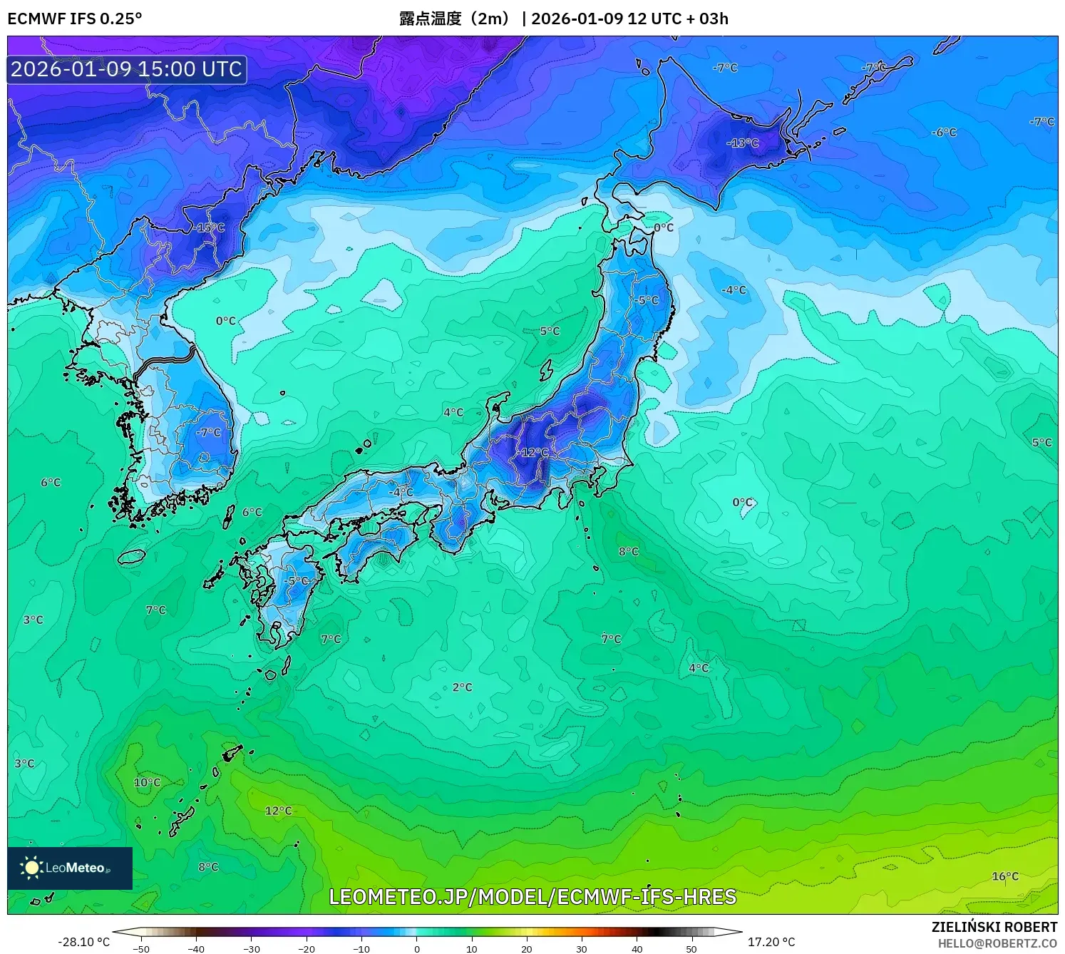 ECMWF IFS 0.25° model - 日本, 露点温度（2m）