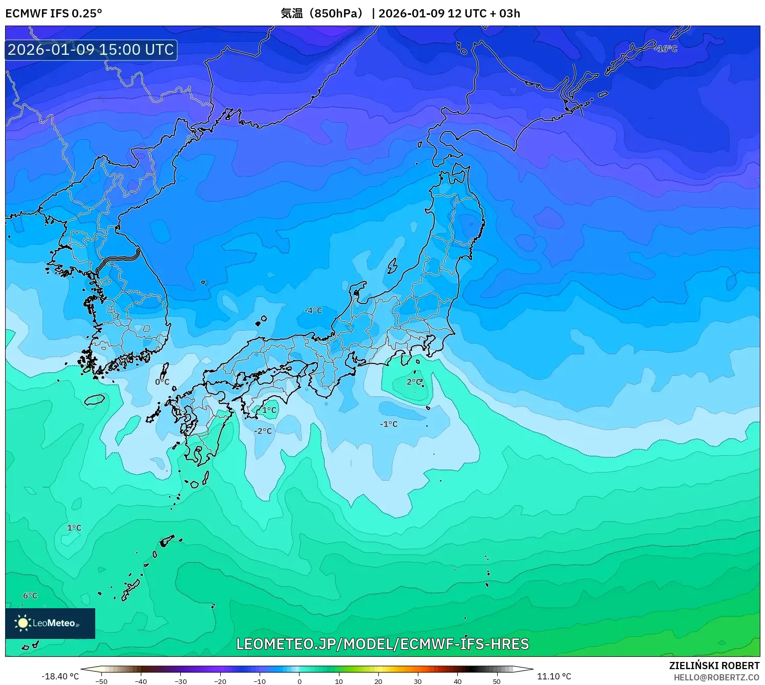 ECMWF IFS 0.25° model - 日本, 気温（850hPa）
