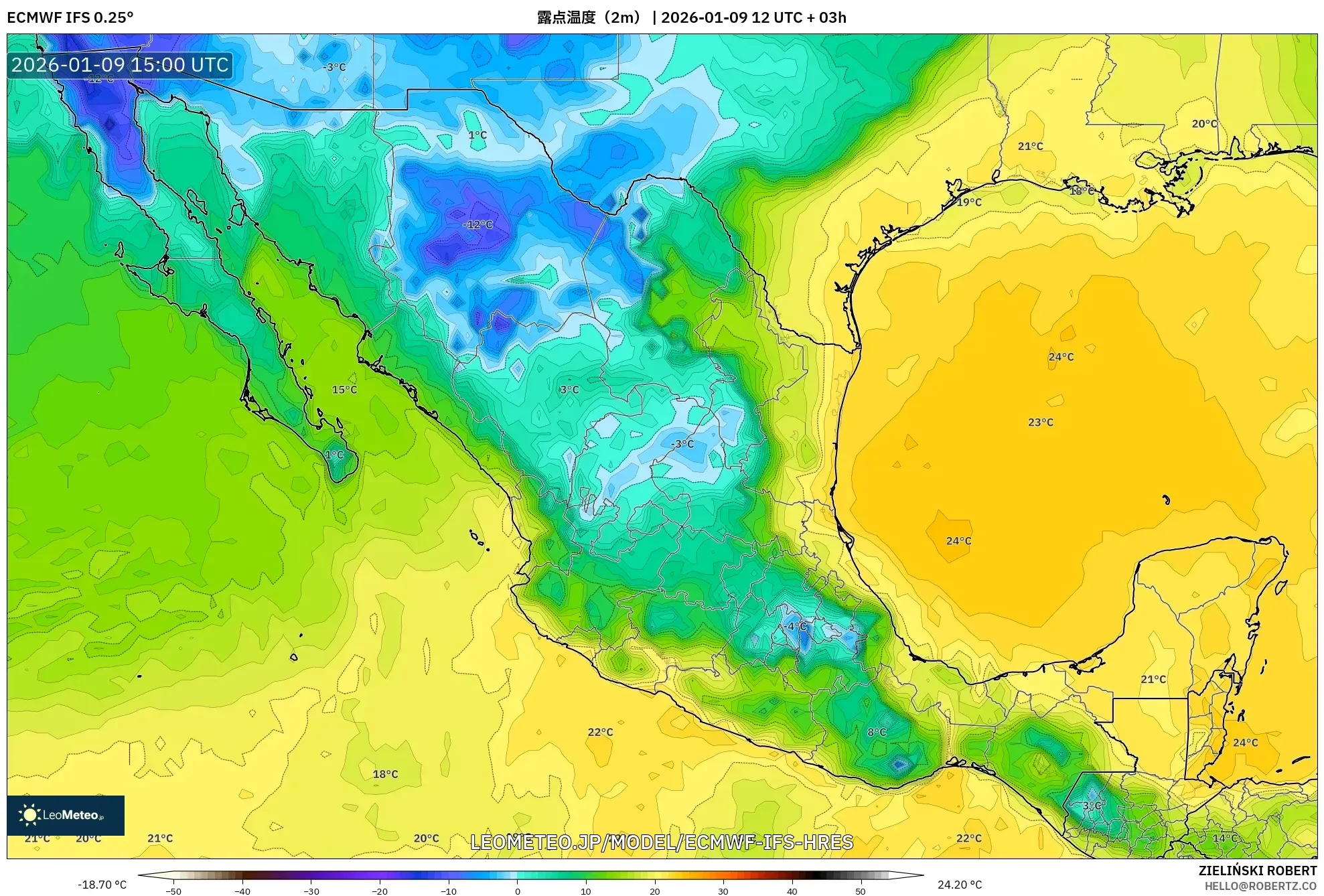 ECMWF IFS 0.25° model - メキシコ, 露点温度（2m）