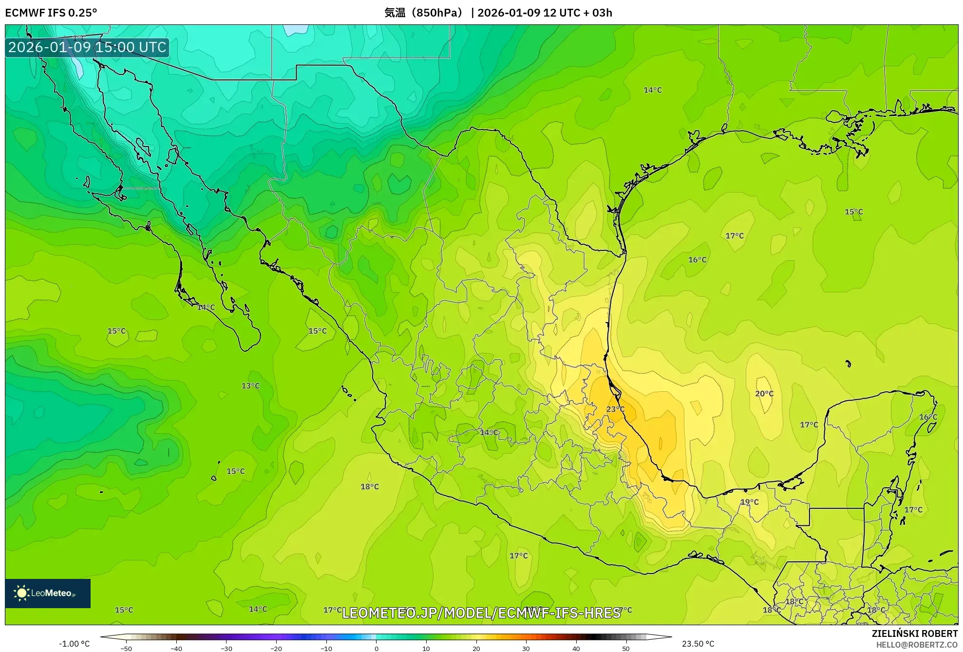 ECMWF IFS 0.25° model - メキシコ, 気温（850hPa）