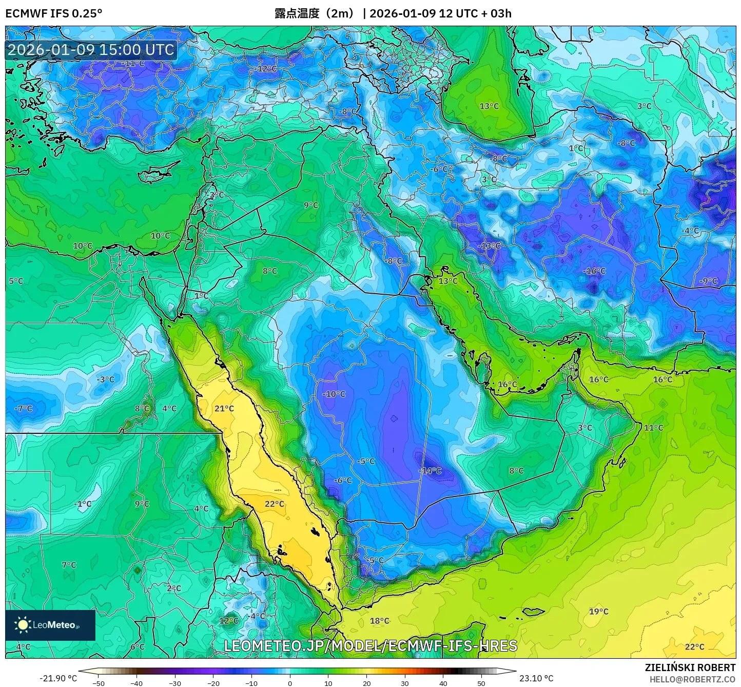 ECMWF IFS 0.25° model - 中東, 露点温度（2m）