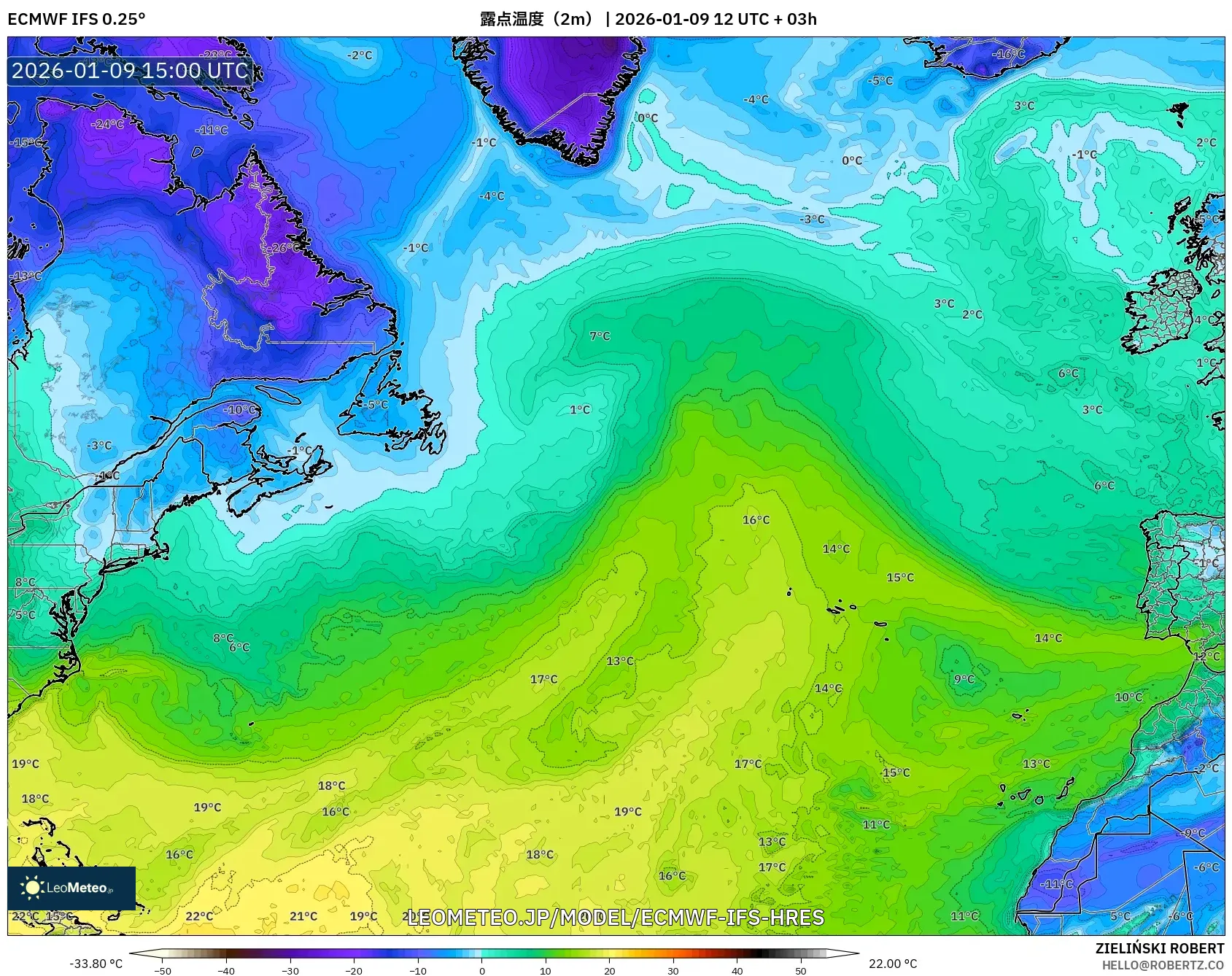 ECMWF IFS 0.25° model - 北大西洋, 露点温度（2m）