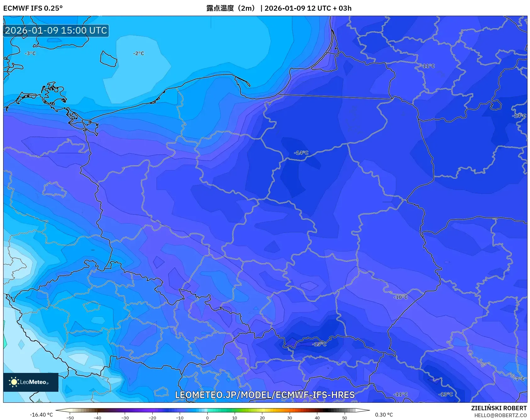 ECMWF IFS 0.25° model - ポーランド, 露点温度（2m）
