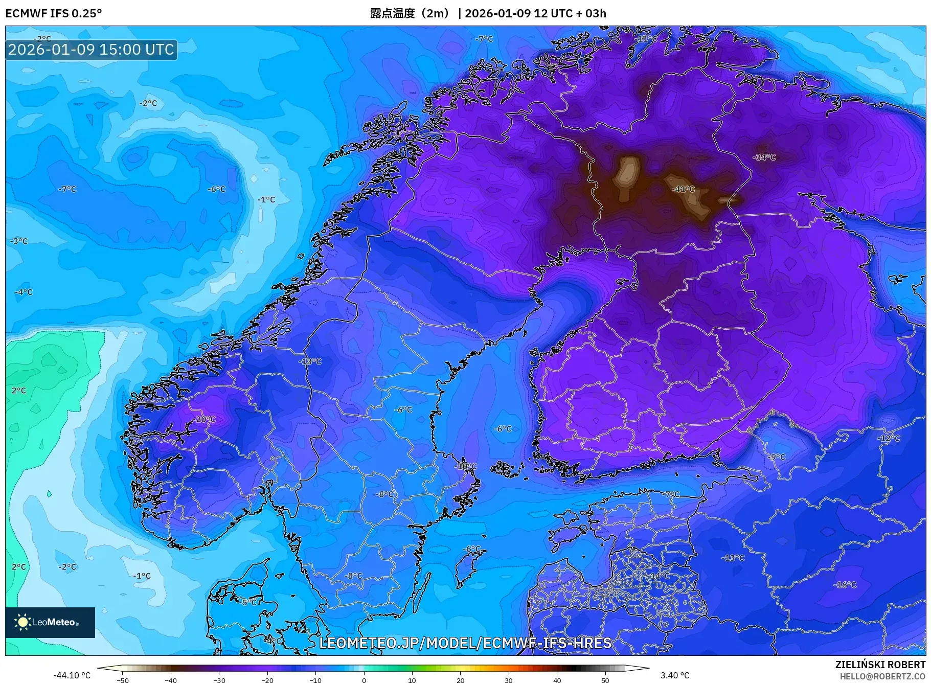 ECMWF IFS 0.25° model - スカンジナビア, 露点温度（2m）