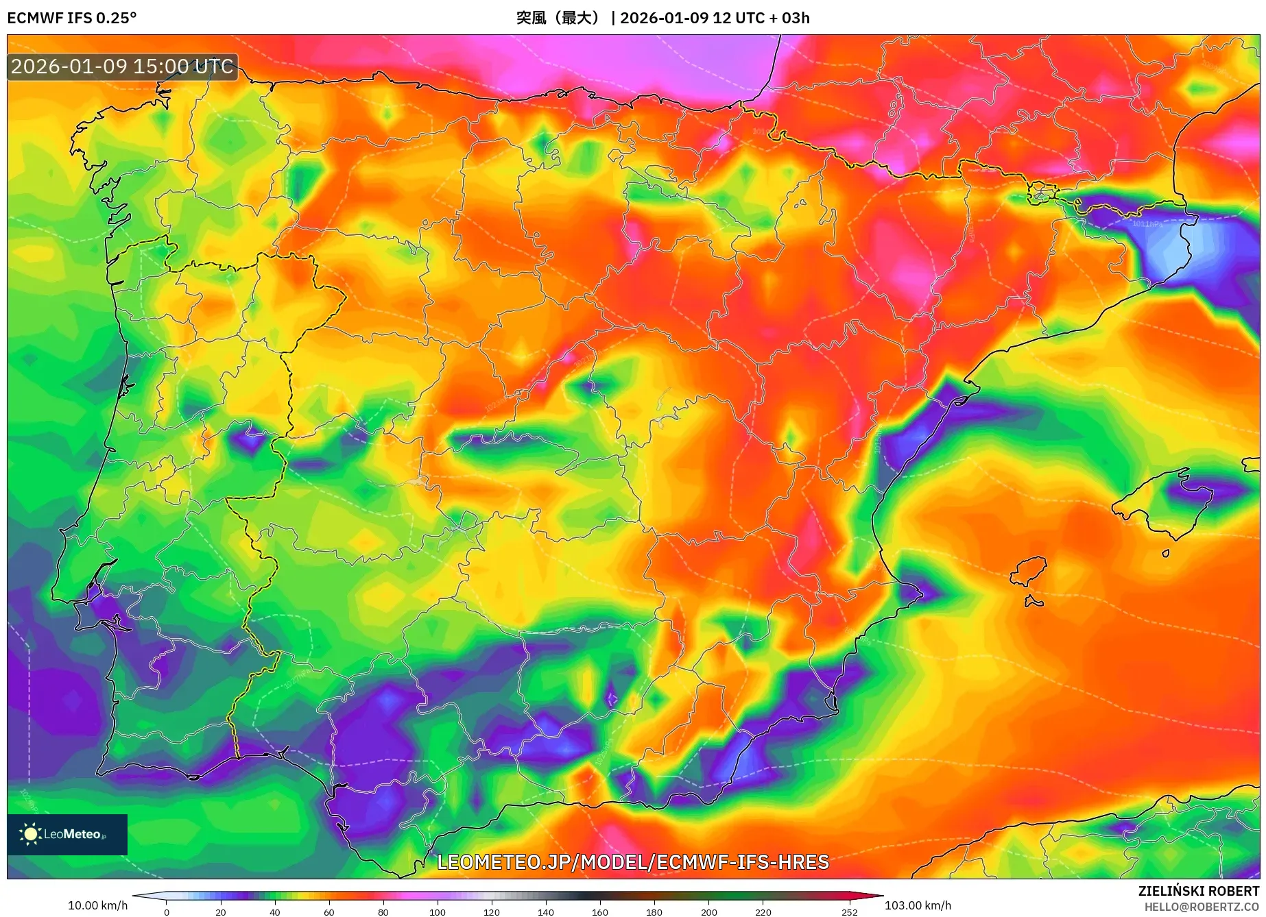 ECMWF IFS 0.25° model - スペイン, 突風（最大）