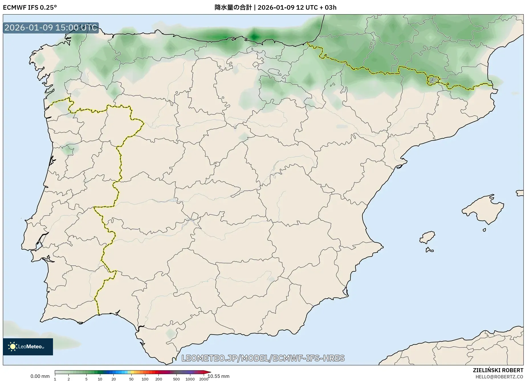 ECMWF IFS 0.25° model - スペイン, 降水量の合計