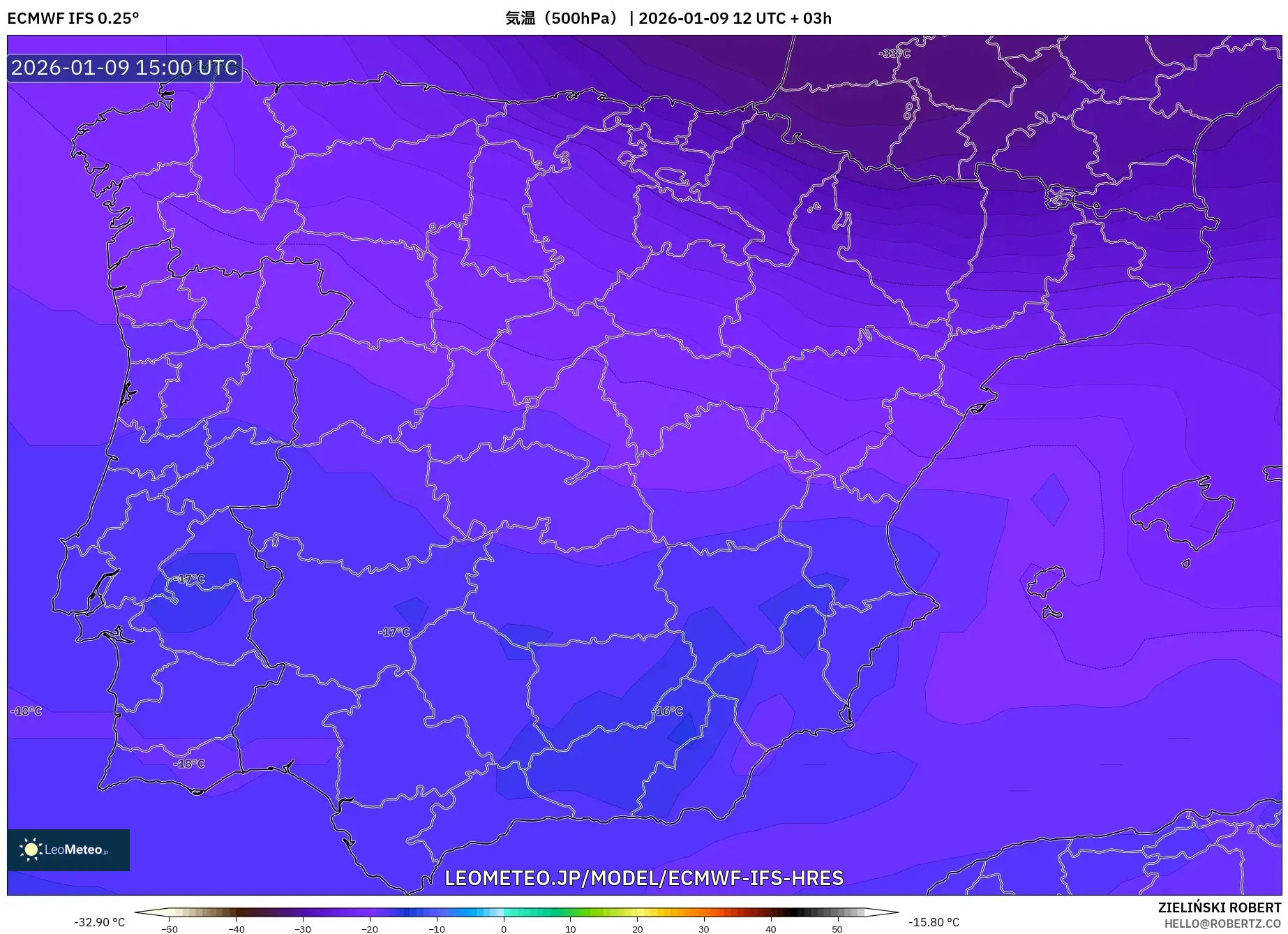 ECMWF IFS 0.25° model - スペイン, 気温（500hPa）
