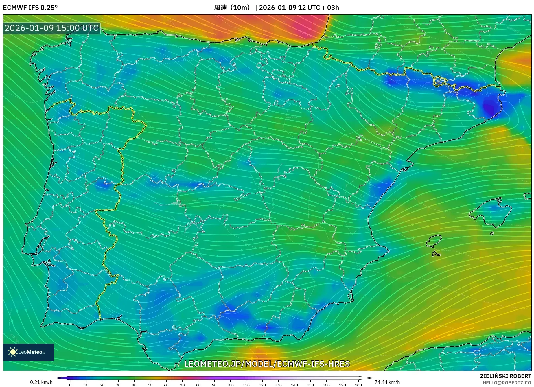 ECMWF IFS 0.25° model - スペイン, 風速（10m）