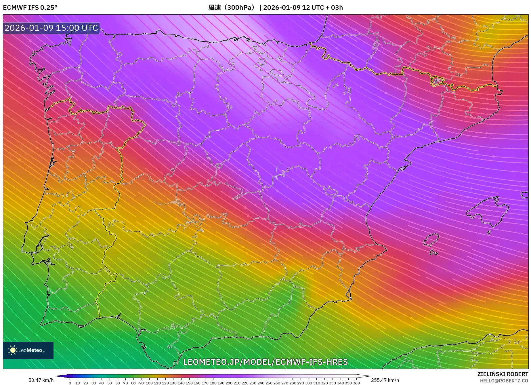 ECMWF IFS 0.25° model - スペイン, 風速（300hPa）