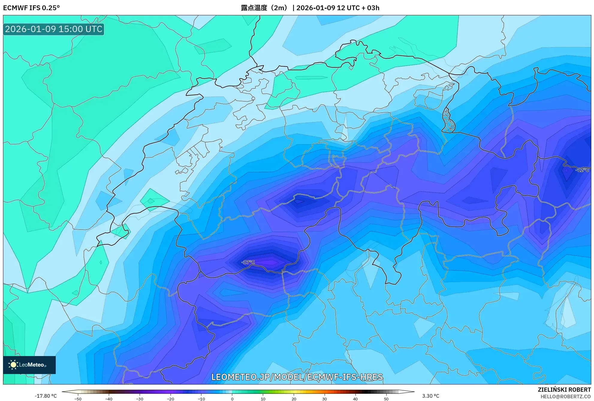 ECMWF IFS 0.25° model - スイス, 露点温度（2m）