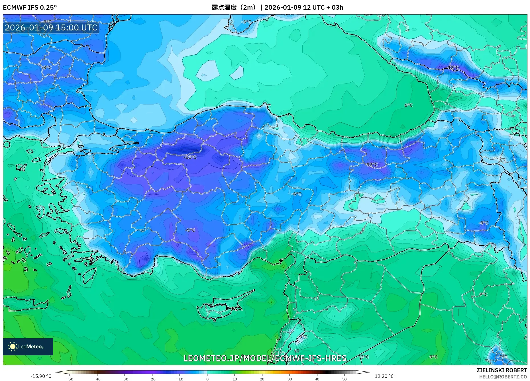 ECMWF IFS 0.25° model - トルコ, 露点温度（2m）
