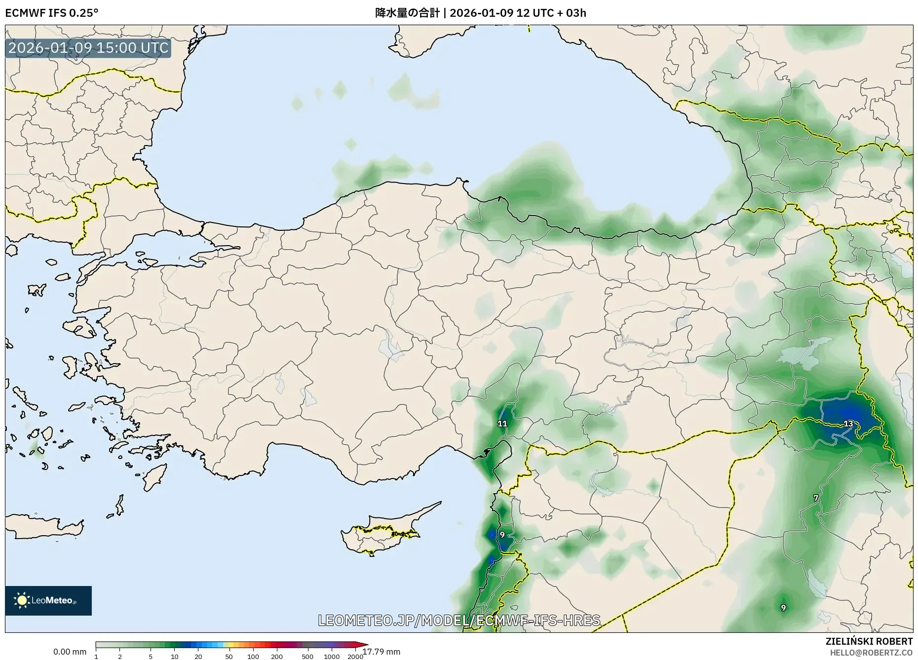 ECMWF IFS 0.25° model - トルコ, 降水量の合計
