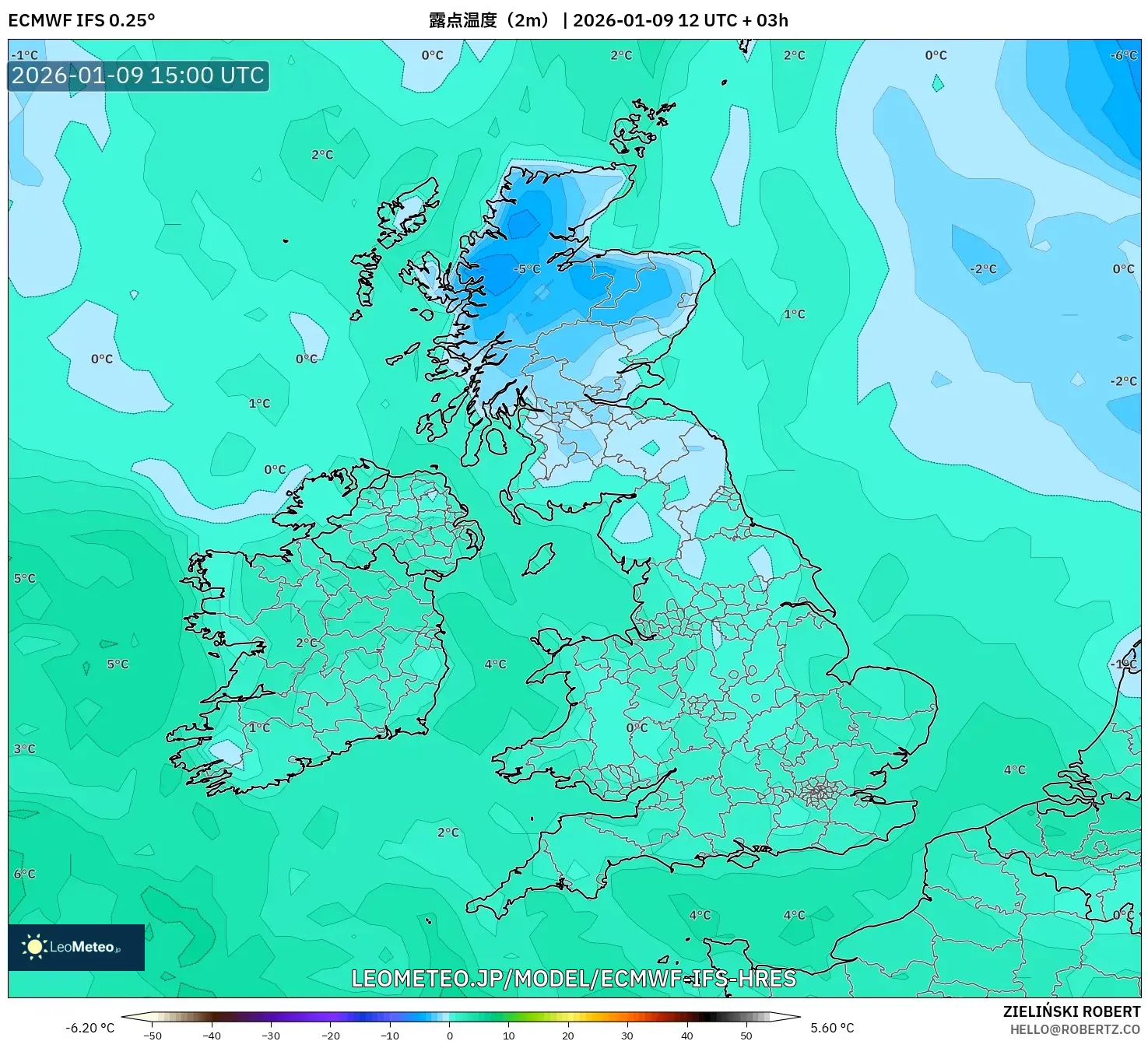 ECMWF IFS 0.25° model - イギリス, 露点温度（2m）