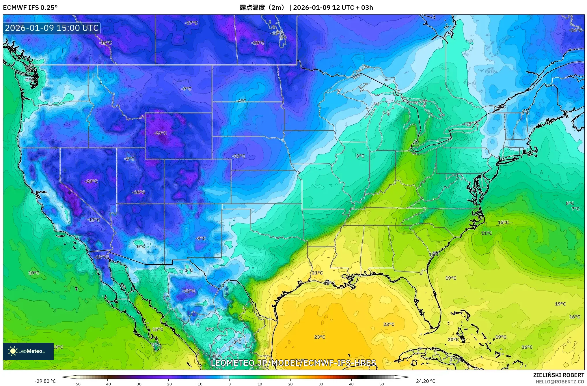 ECMWF IFS 0.25° model - アメリカ合衆国, 露点温度（2m）