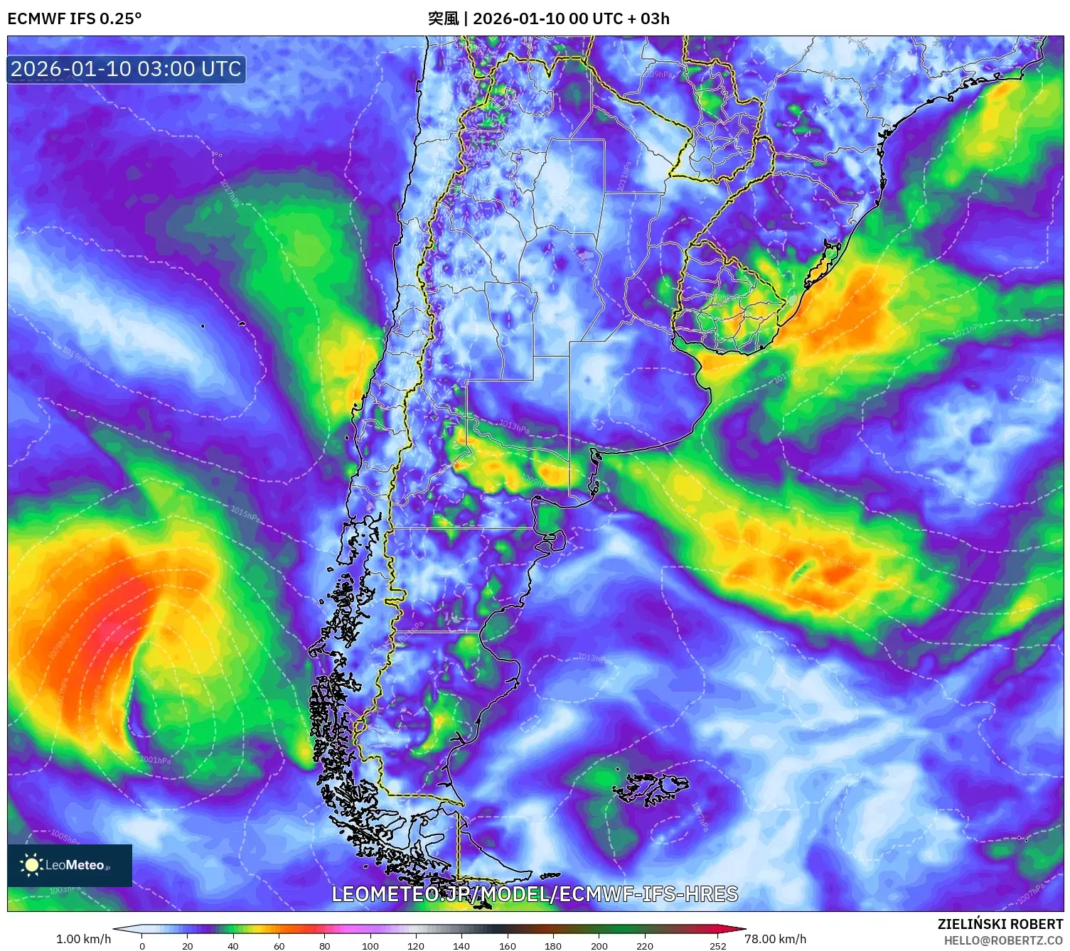 ECMWF IFS 0.25° model - アルゼンチン, 突風