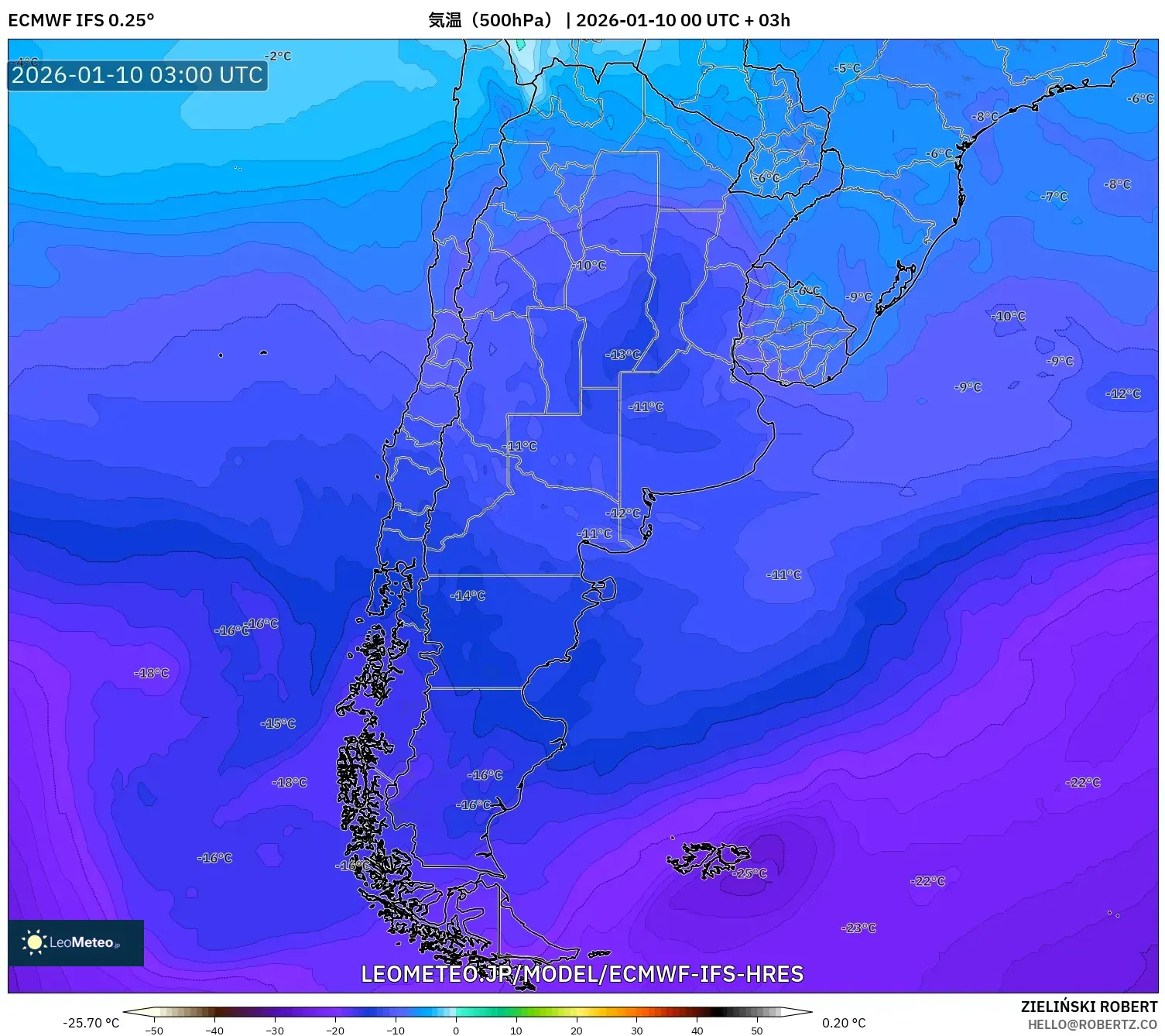 ECMWF IFS 0.25° model - アルゼンチン, 気温（500hPa）