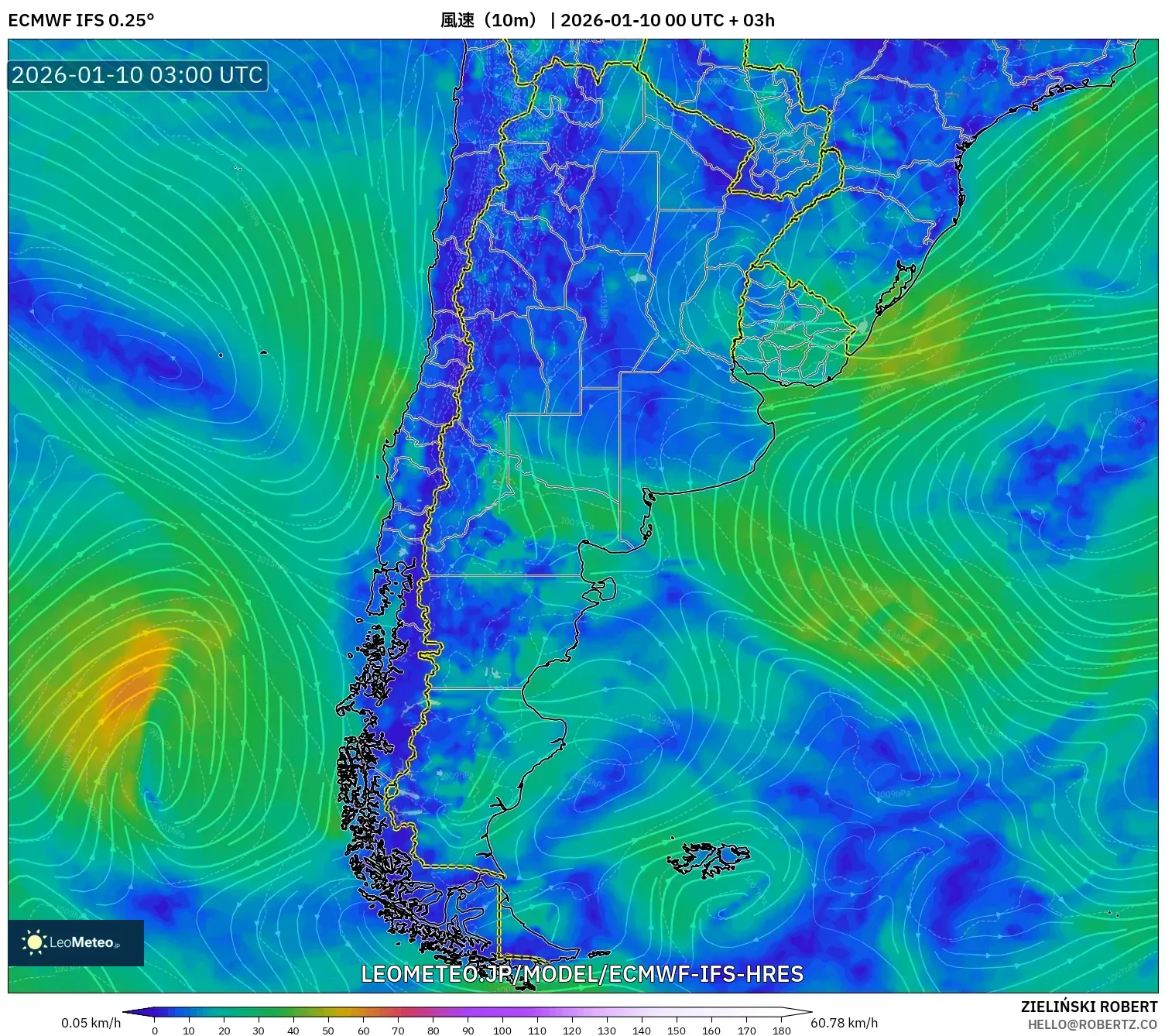 ECMWF IFS 0.25° model - アルゼンチン, 風速（10m）