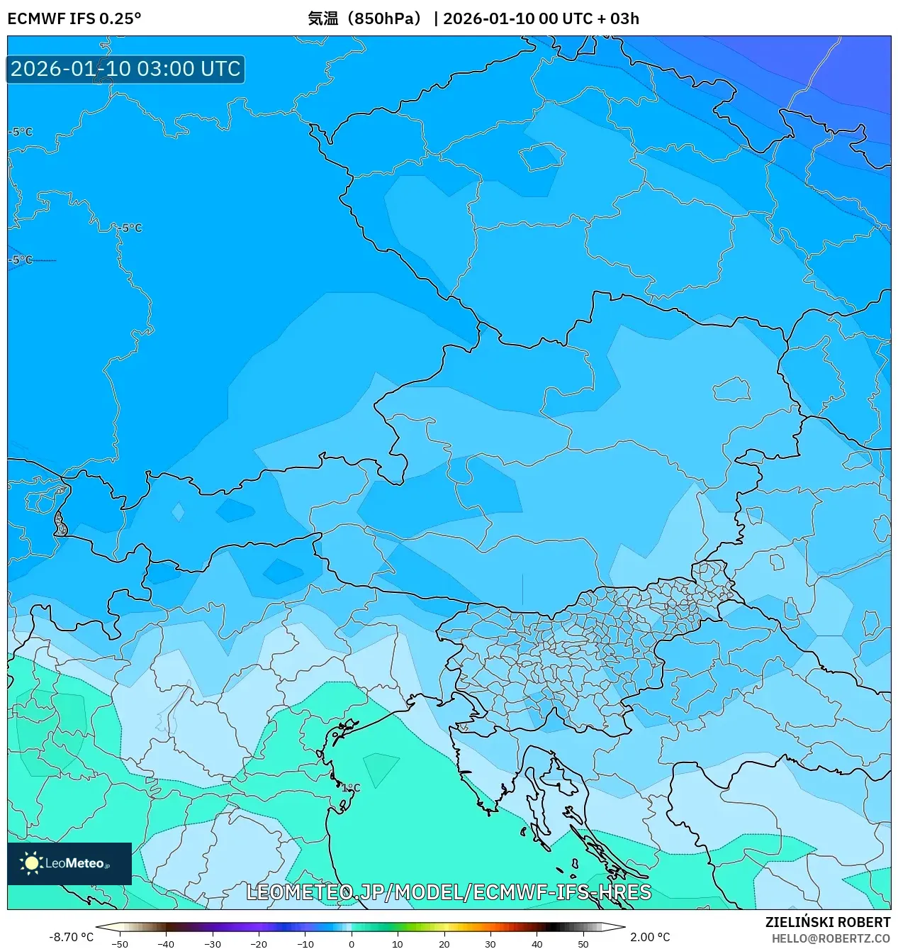 ECMWF IFS 0.25° model - オーストリア, 気温（850hPa）
