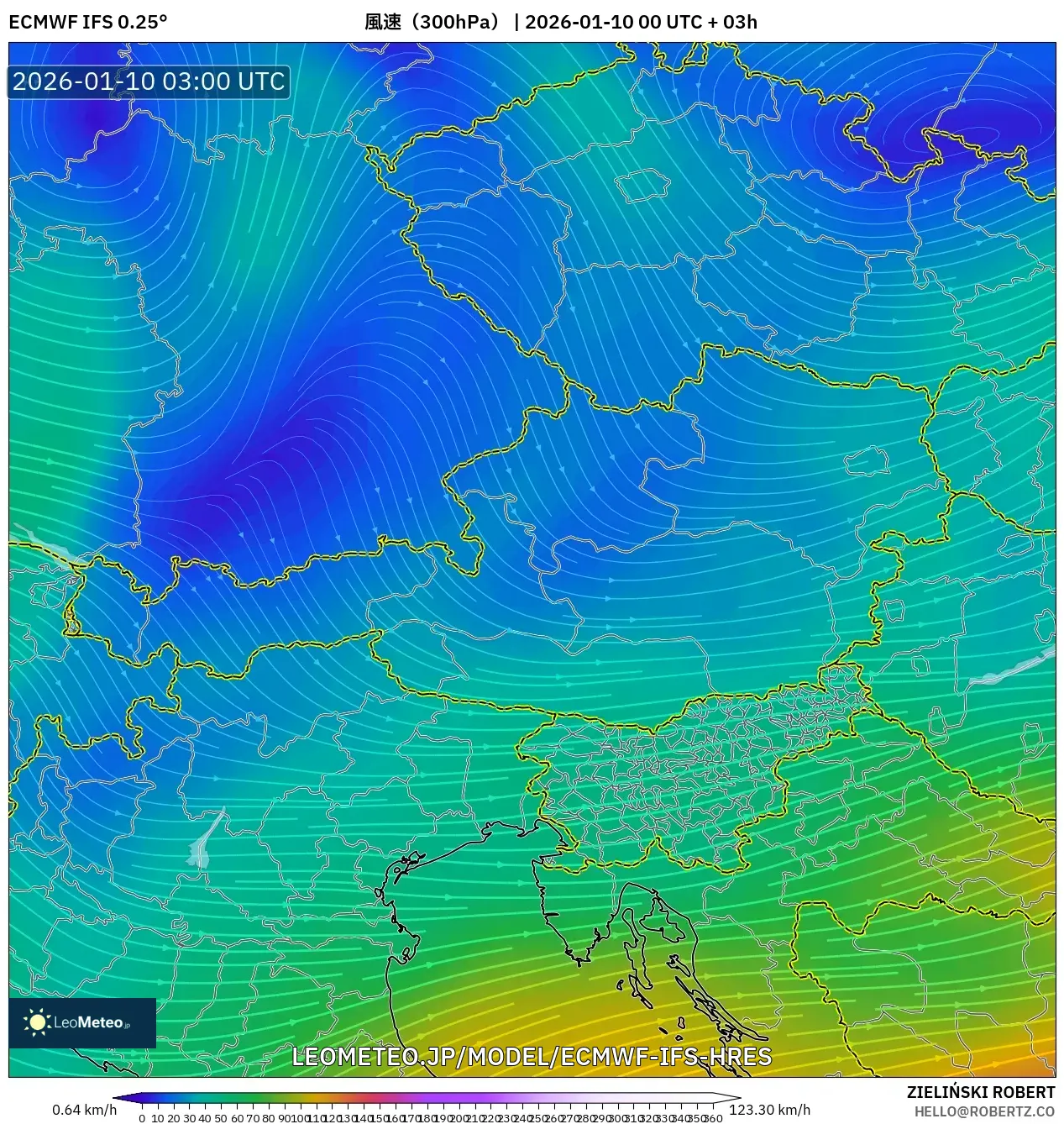 ECMWF IFS 0.25° model - オーストリア, 風速（300hPa）