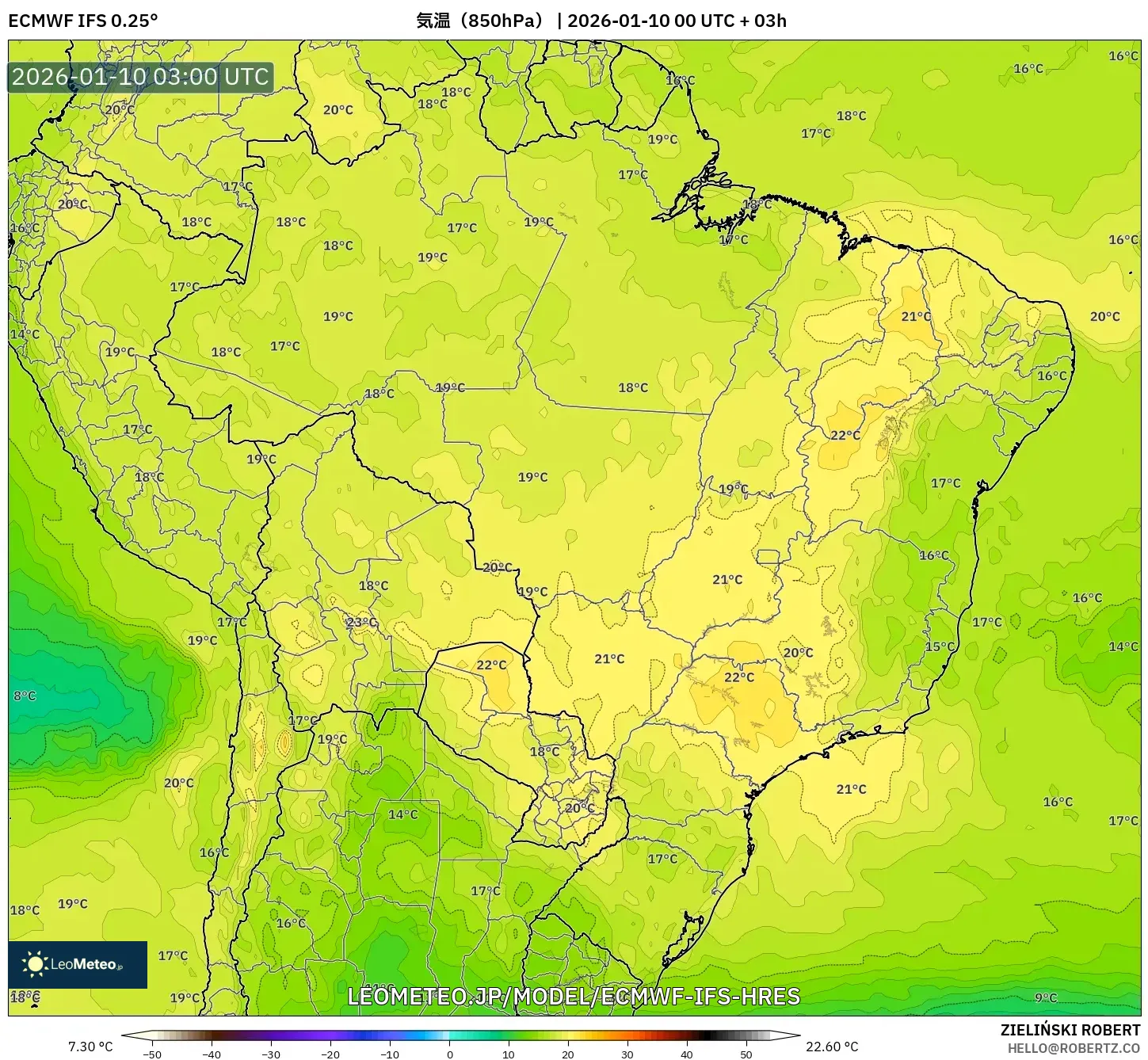 ECMWF IFS 0.25° model - ブラジル, 気温（850hPa）