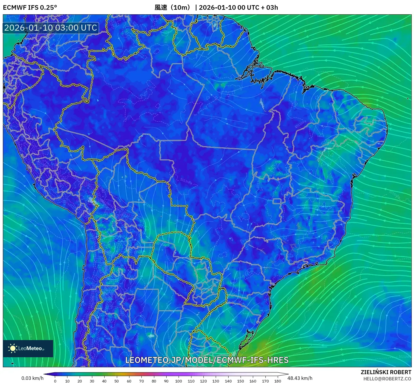 ECMWF IFS 0.25° model - ブラジル, 風速（10m）