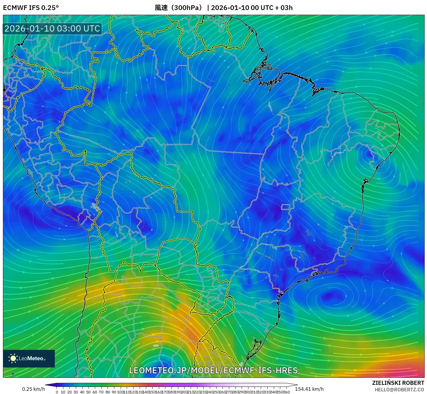 ECMWF IFS 0.25° model - ブラジル, 風速（300hPa）