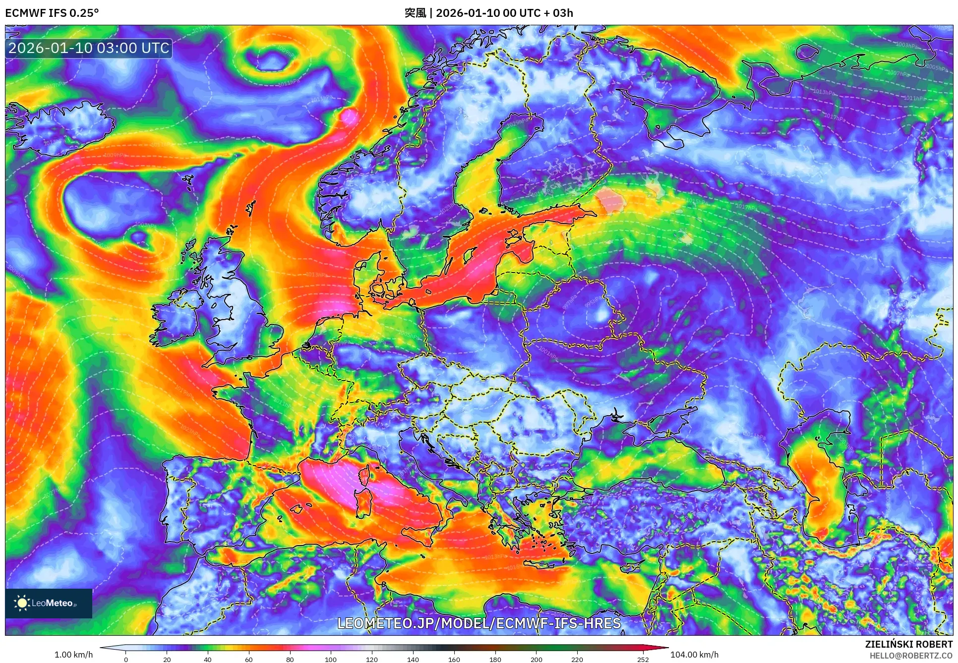 ECMWF IFS 0.25° model - ヨーロッパ, 突風