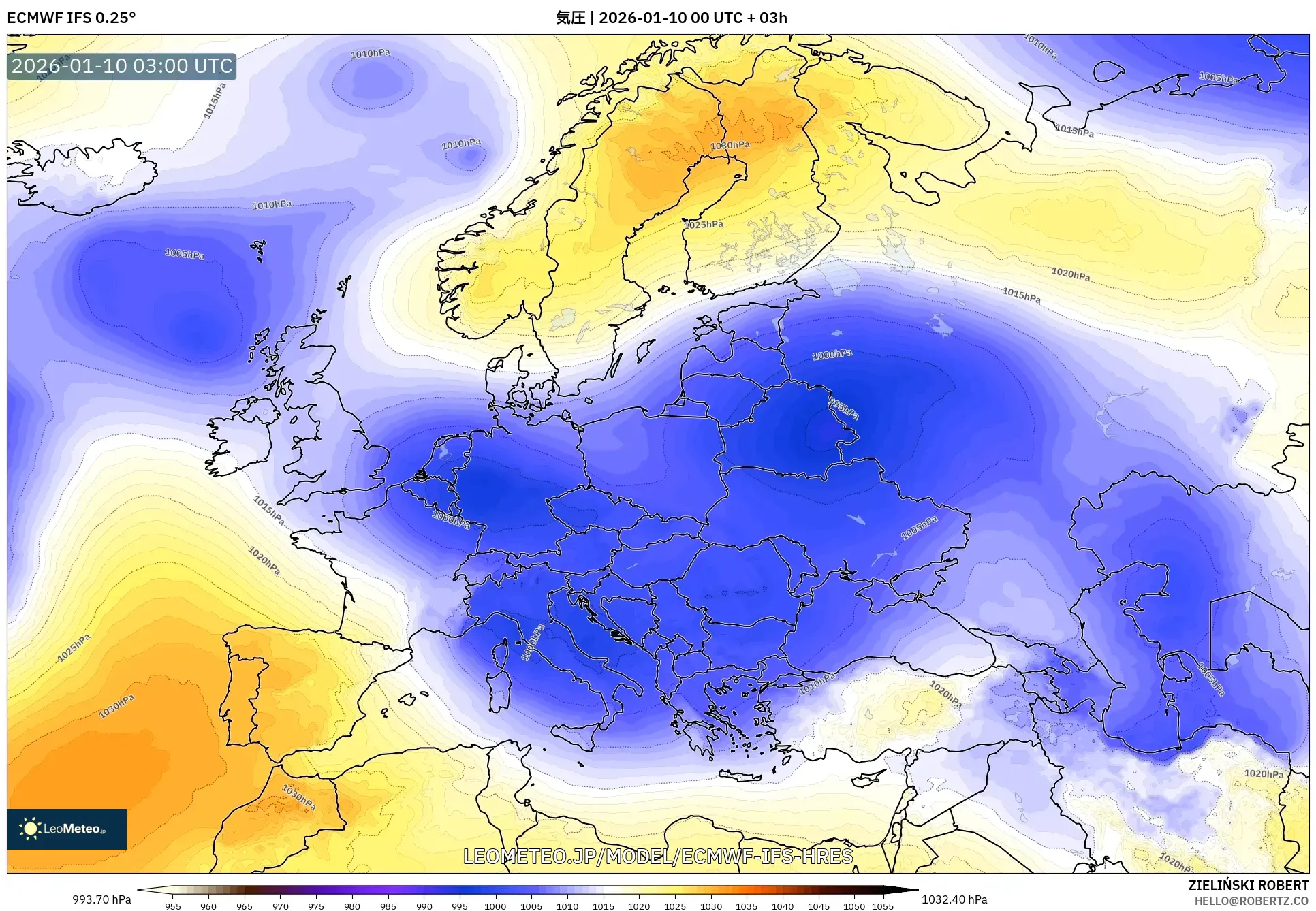 ECMWF IFS 0.25° model - ヨーロッパ, 気圧