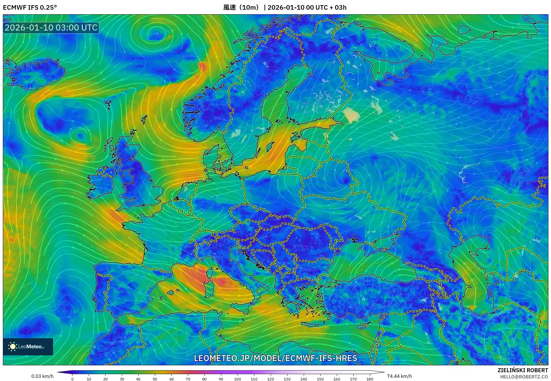 ECMWF IFS 0.25° model - ヨーロッパ, 風速（10m）