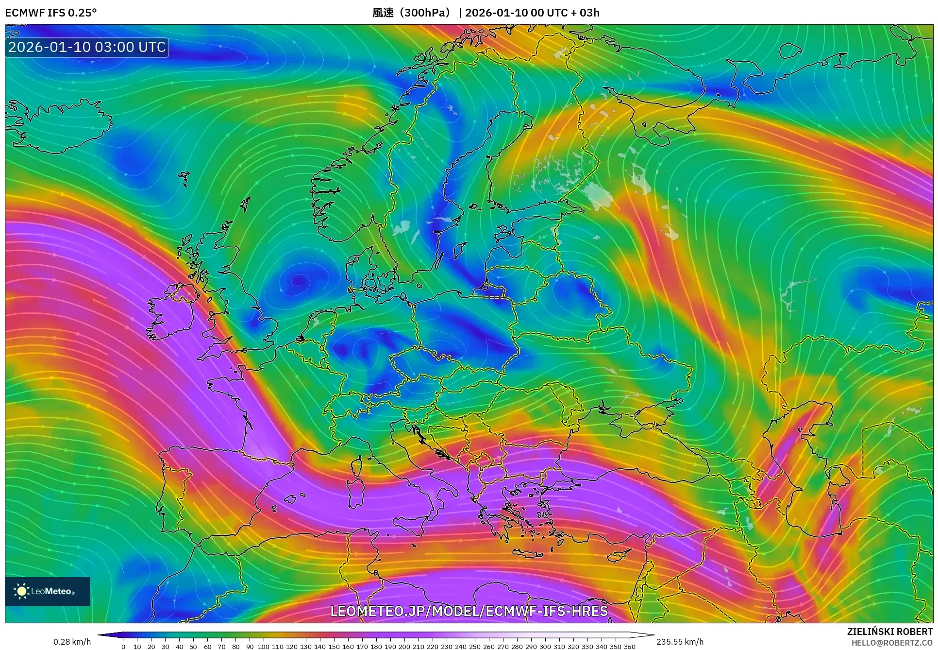 ECMWF IFS 0.25° model - ヨーロッパ, 風速（300hPa）