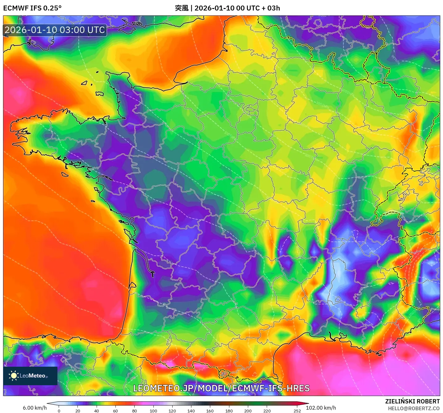 ECMWF IFS 0.25° model - フランス, 突風