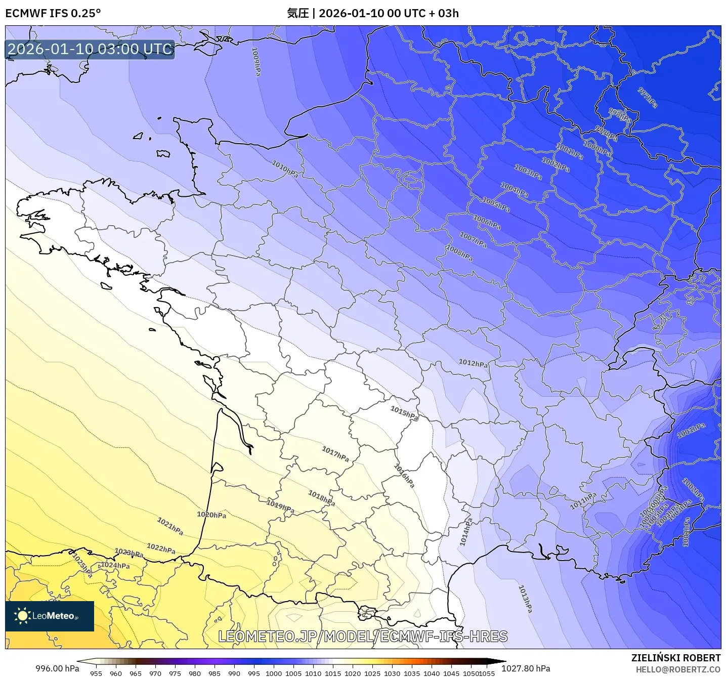 ECMWF IFS 0.25° model - フランス, 気圧