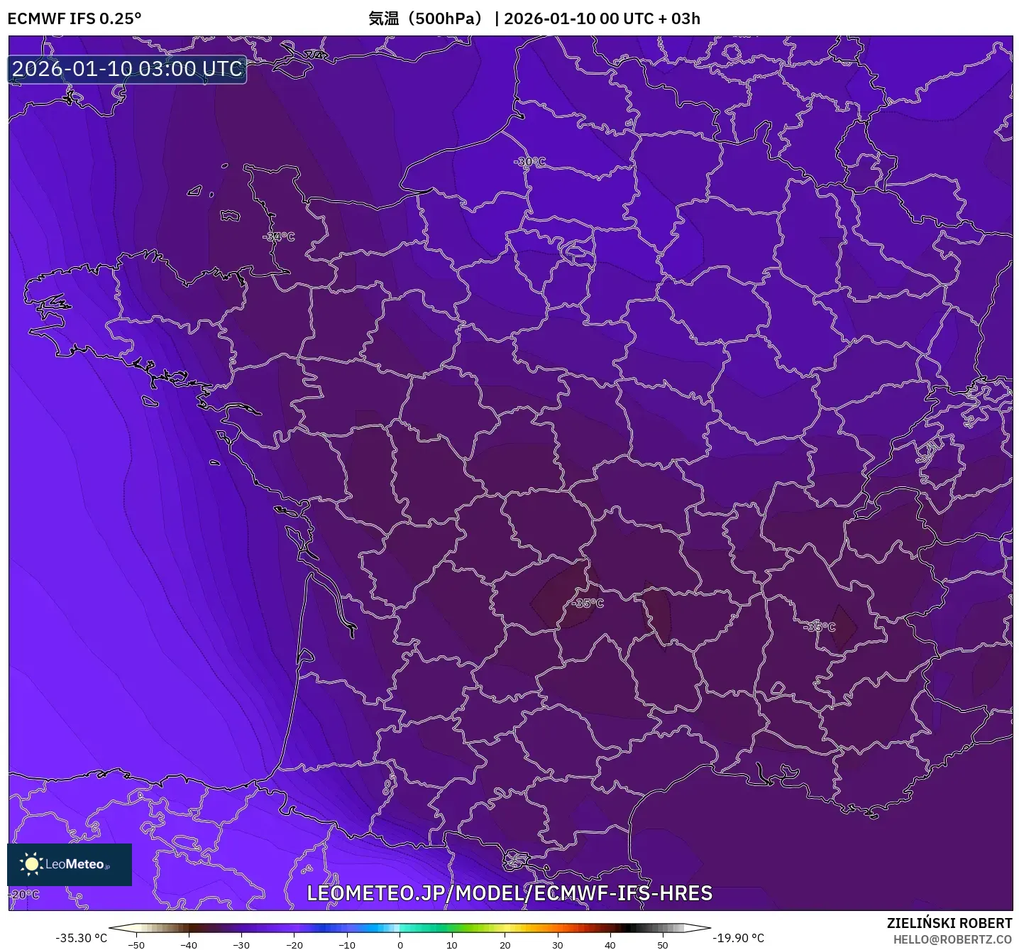 ECMWF IFS 0.25° model - フランス, 気温（500hPa）