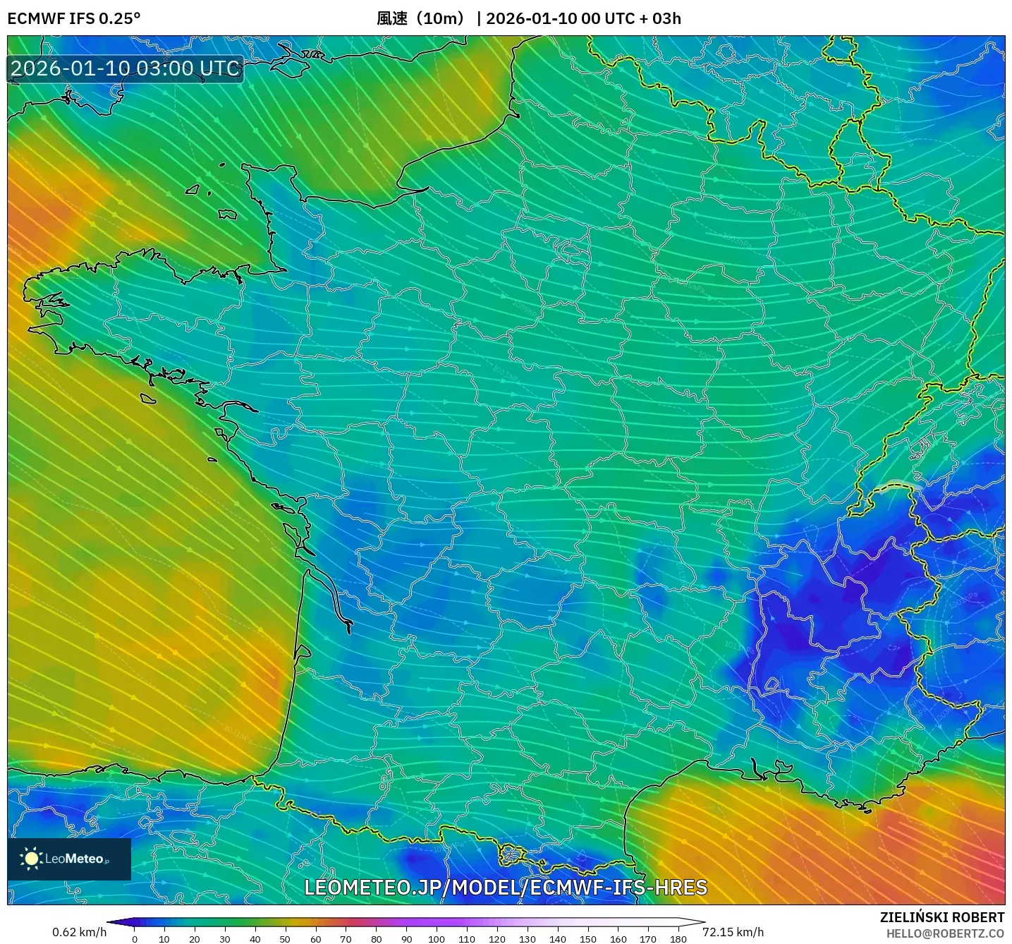 ECMWF IFS 0.25° model - フランス, 風速（10m）