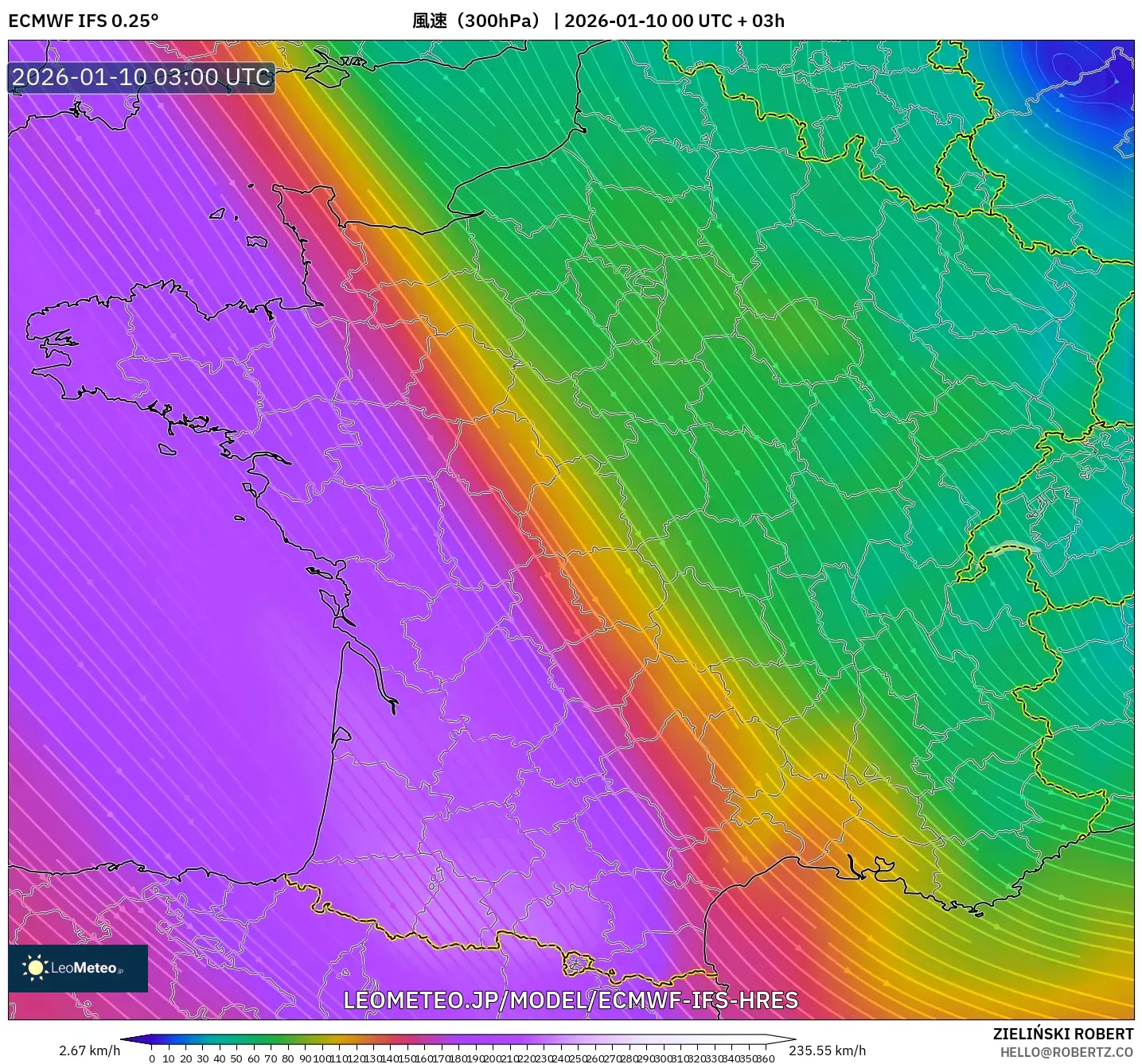 ECMWF IFS 0.25° model - フランス, 風速（300hPa）