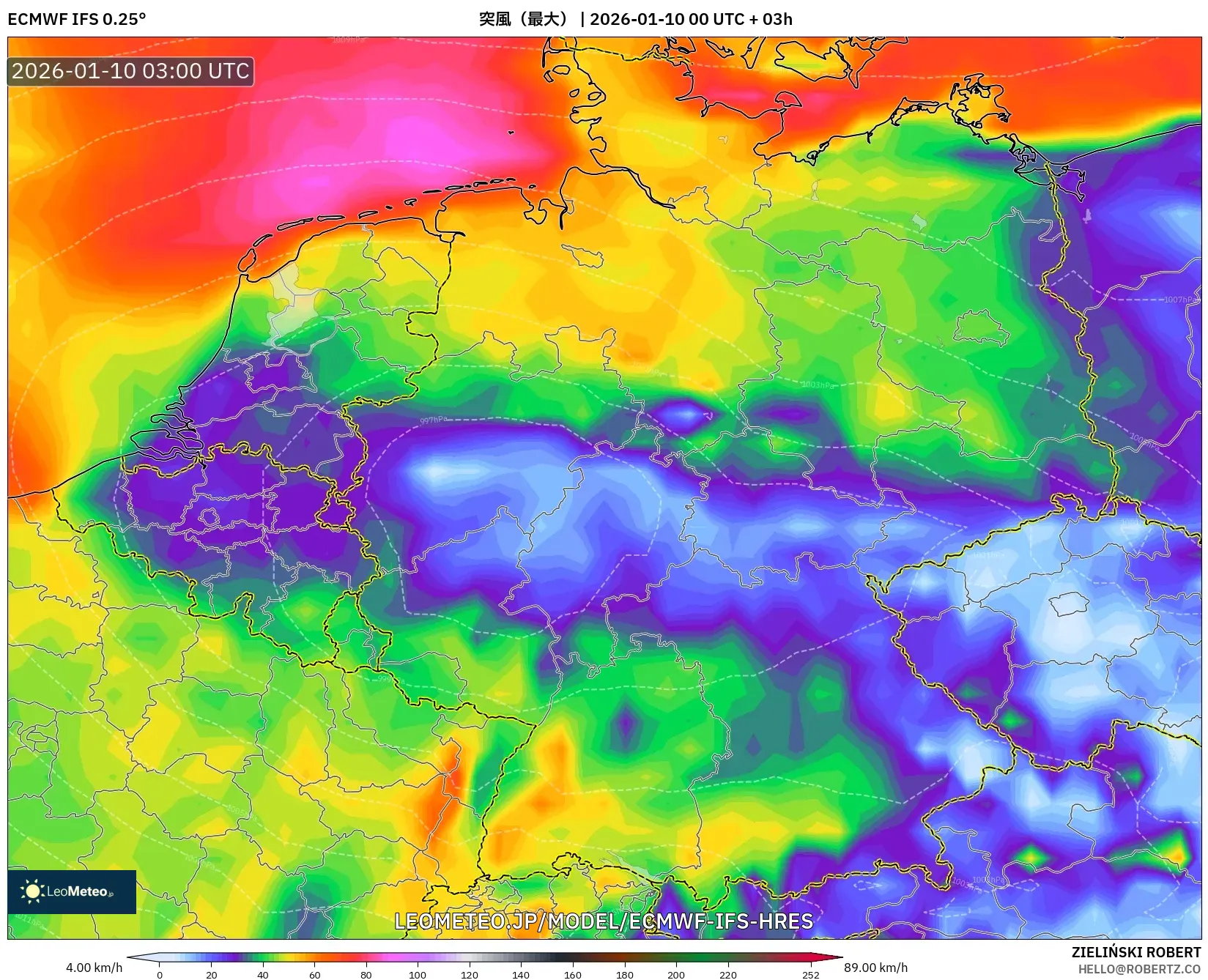 ECMWF IFS 0.25° model - ドイツ, 突風（最大）