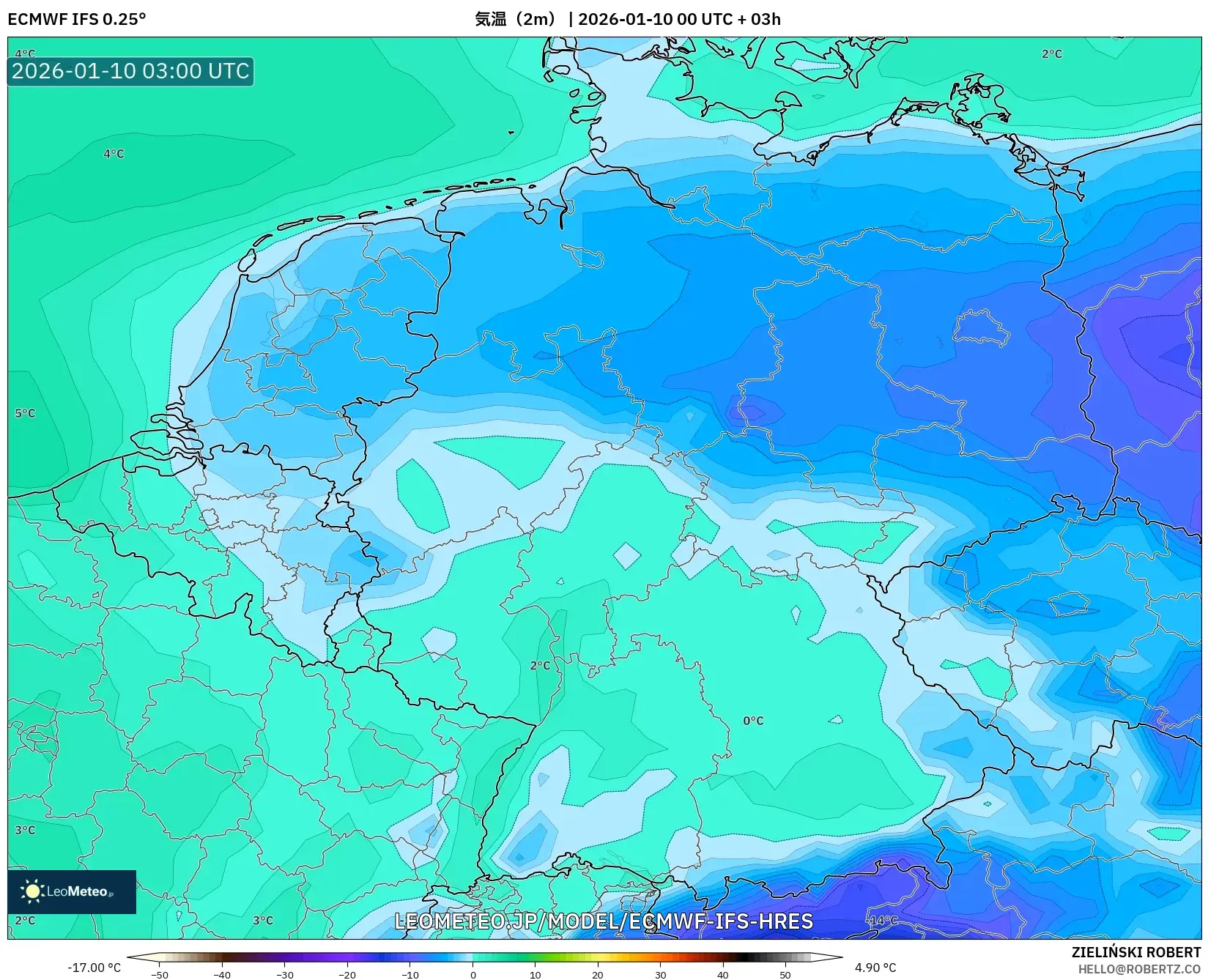 ECMWF IFS 0.25° model - ドイツ, 気温（2m）