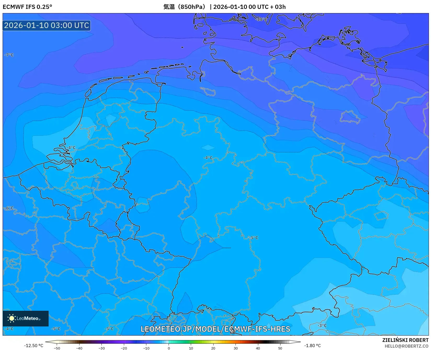 ECMWF IFS 0.25° model - ドイツ, 気温（850hPa）